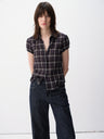 Textured Cotton Gingham Waist-Cinch Short-Sleeve Shirt Blue Check
