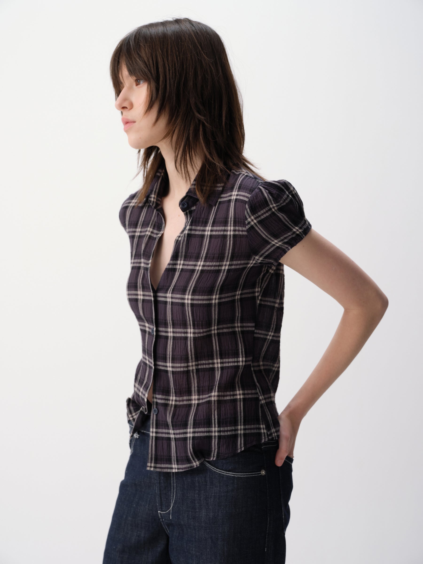 Textured Cotton Gingham Waist-Cinch Short-Sleeve Shirt Blue Check