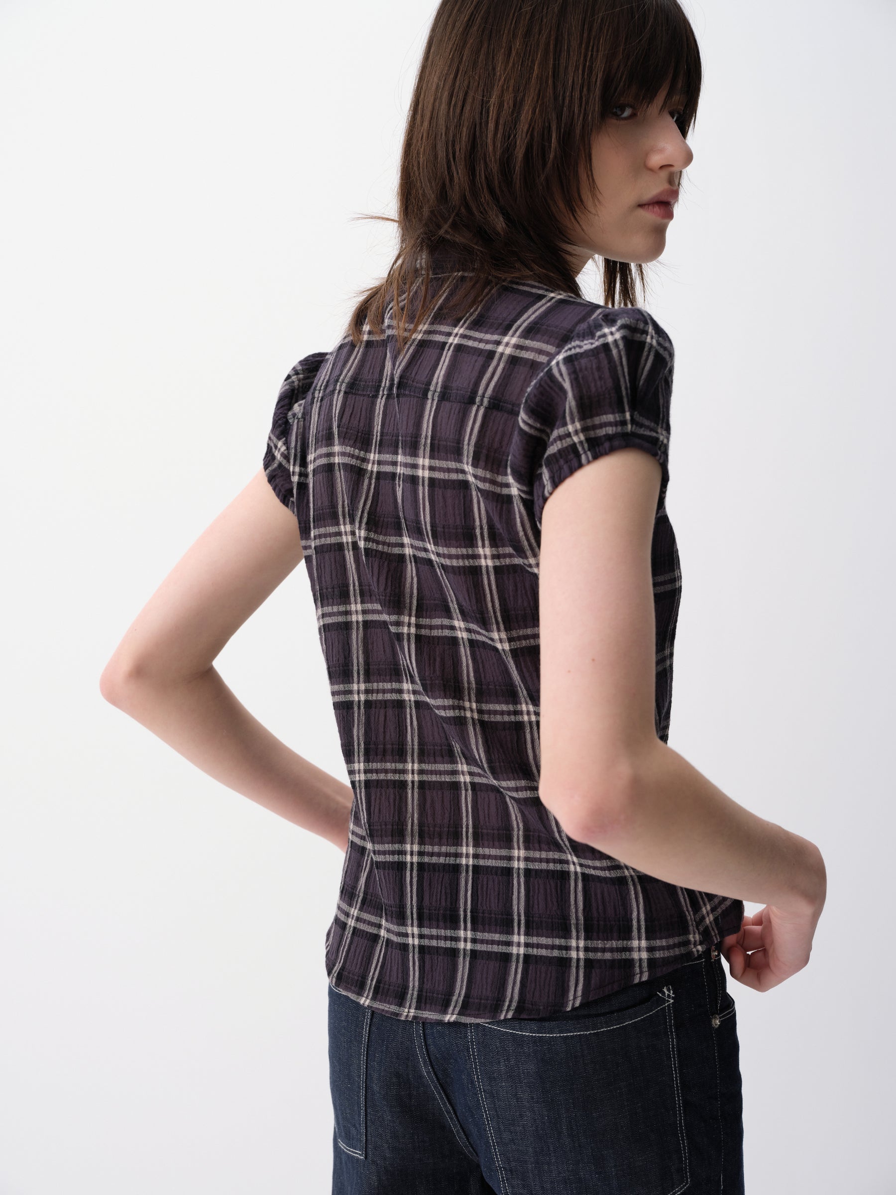 Textured Cotton Gingham Waist-Cinch Short-Sleeve Shirt Blue Check
