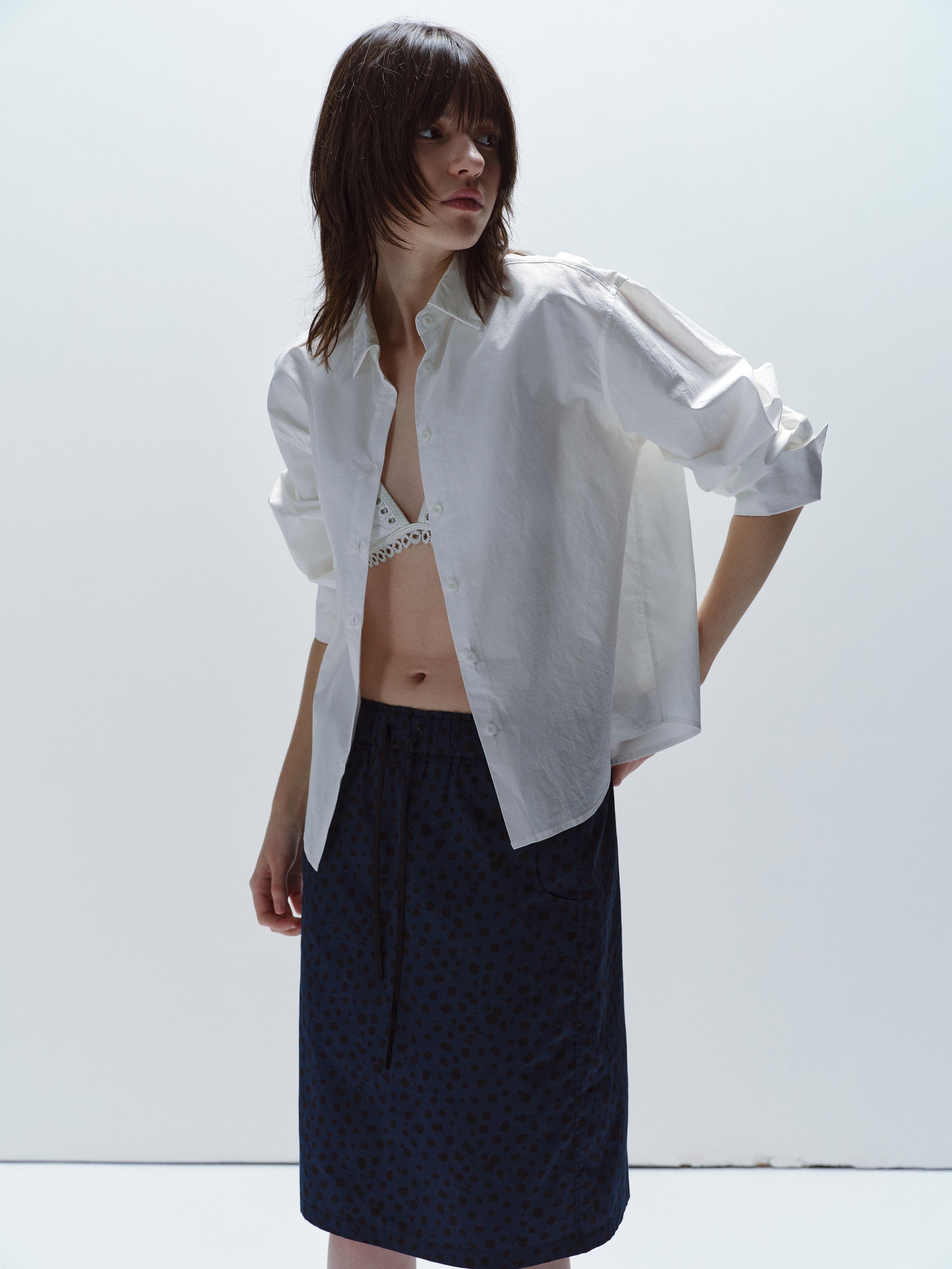 Solid Cotton Turn-Back Cuff Long-Sleeve Shirt White