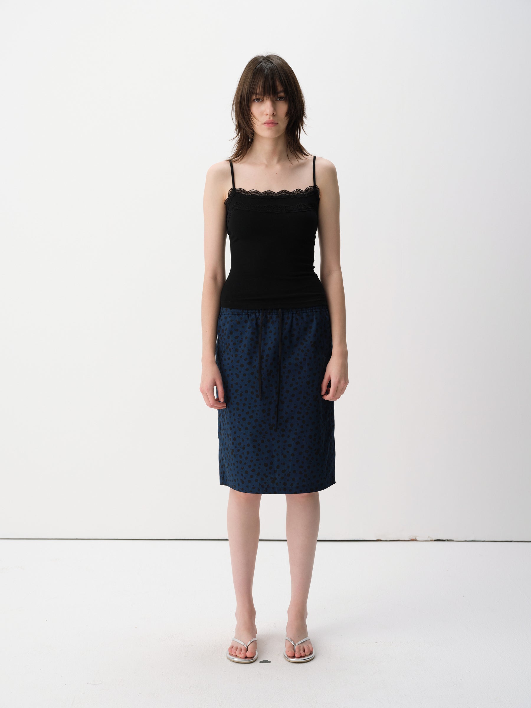 Lace Trim Adjustable Spaghetti Stretch Camisole Black