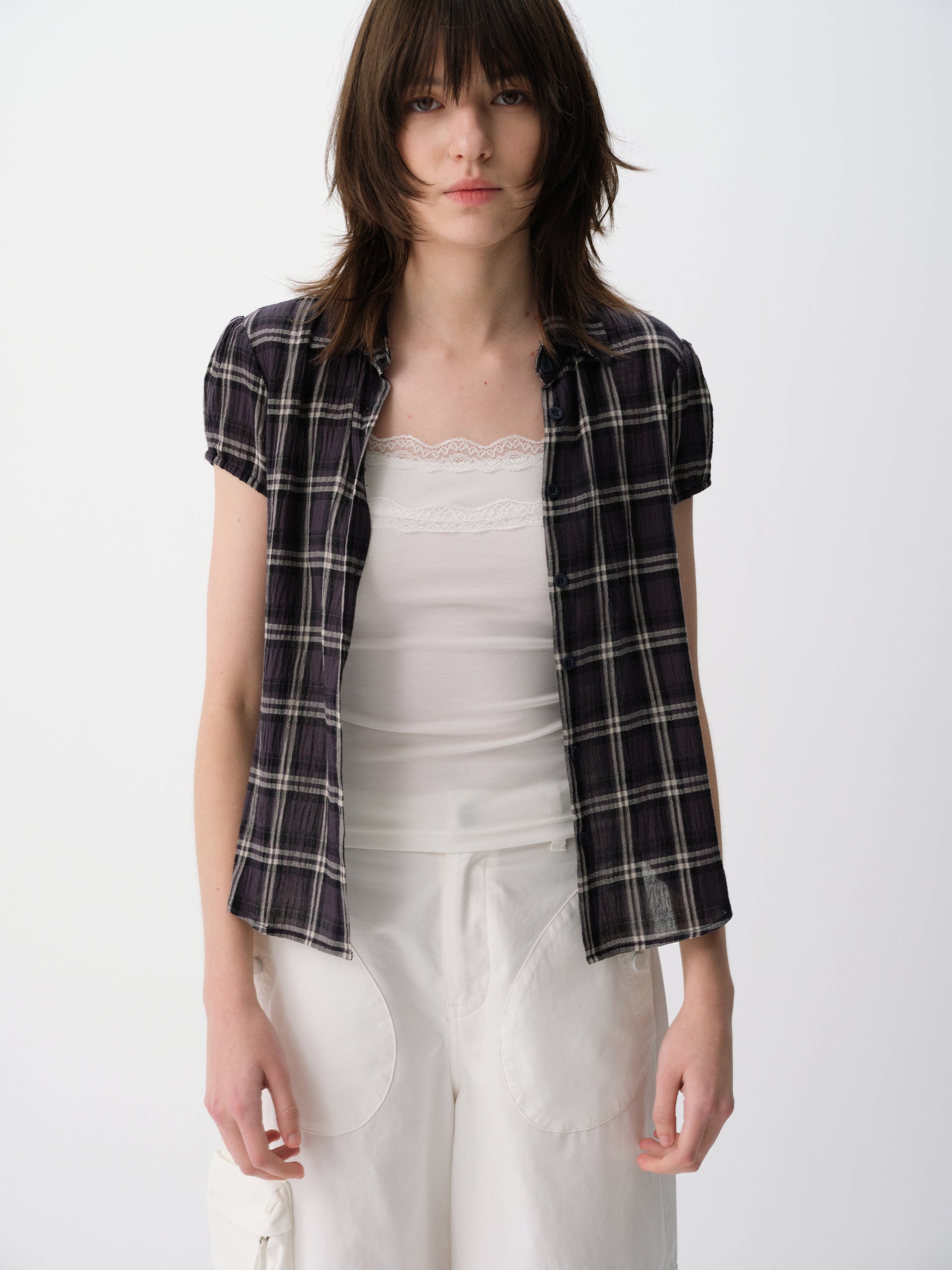 Textured Cotton Gingham Waist-Cinch Short-Sleeve Shirt Blue Check