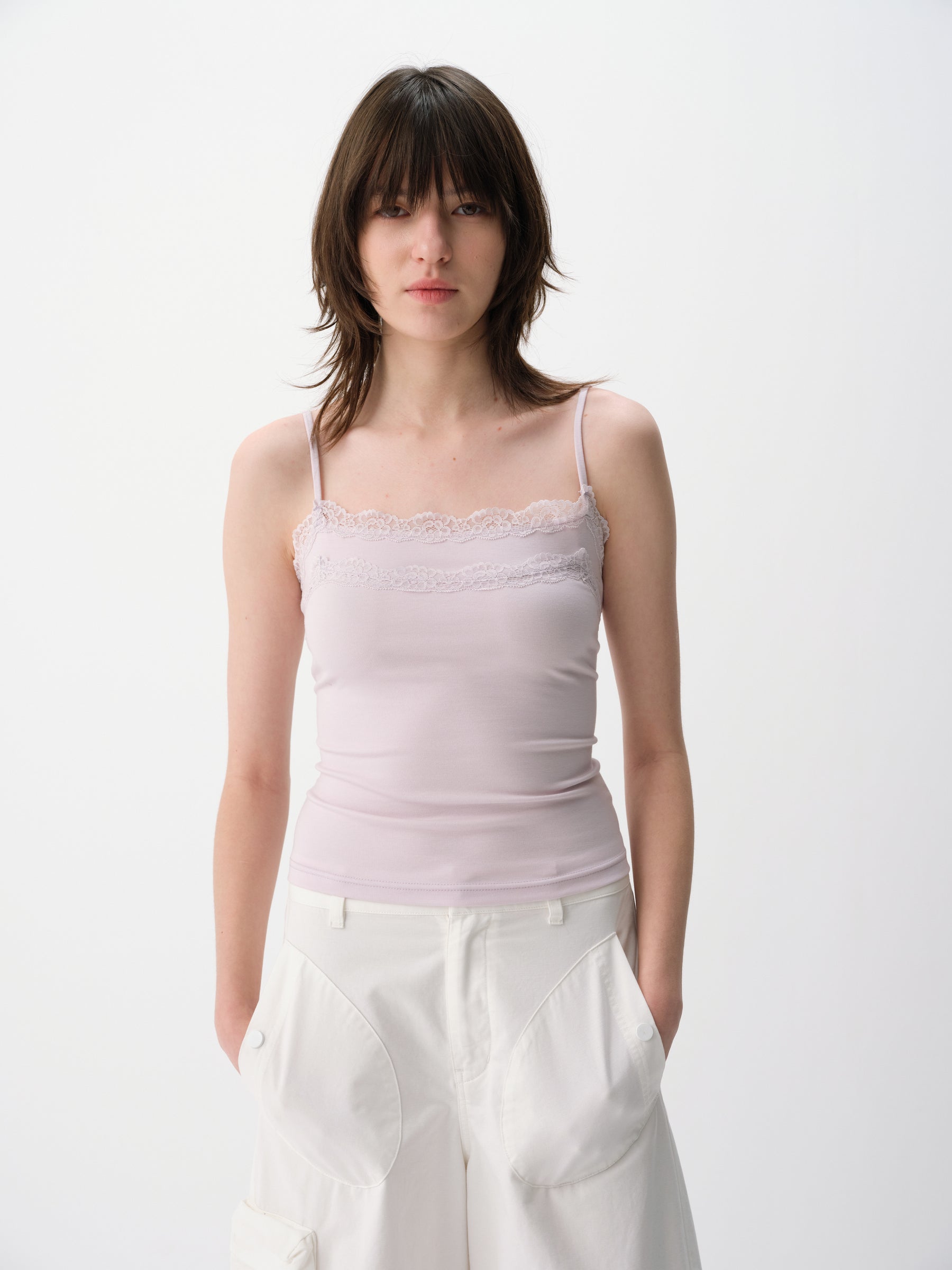 Lace Trim Adjustable Spaghetti Stretch Camisole Lavender