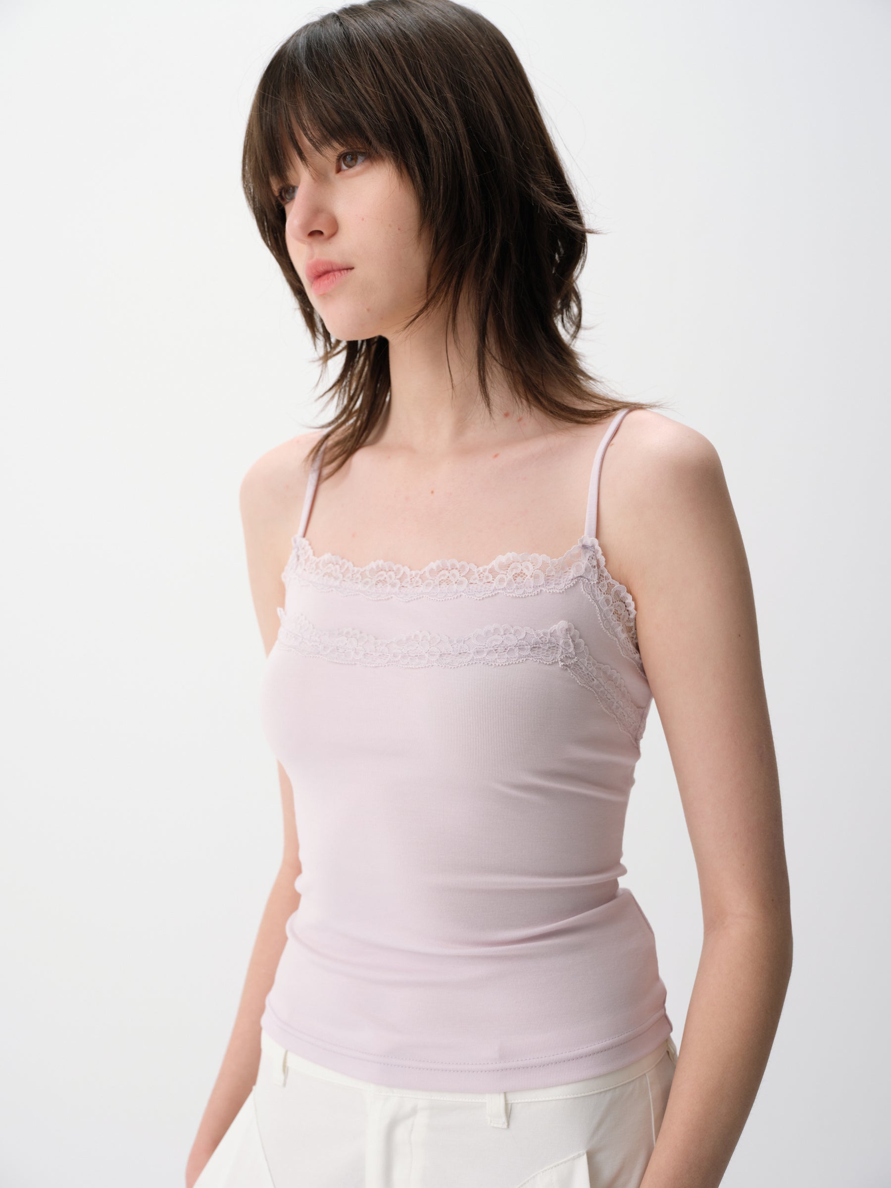 Lace Trim Adjustable Spaghetti Stretch Camisole Lavender