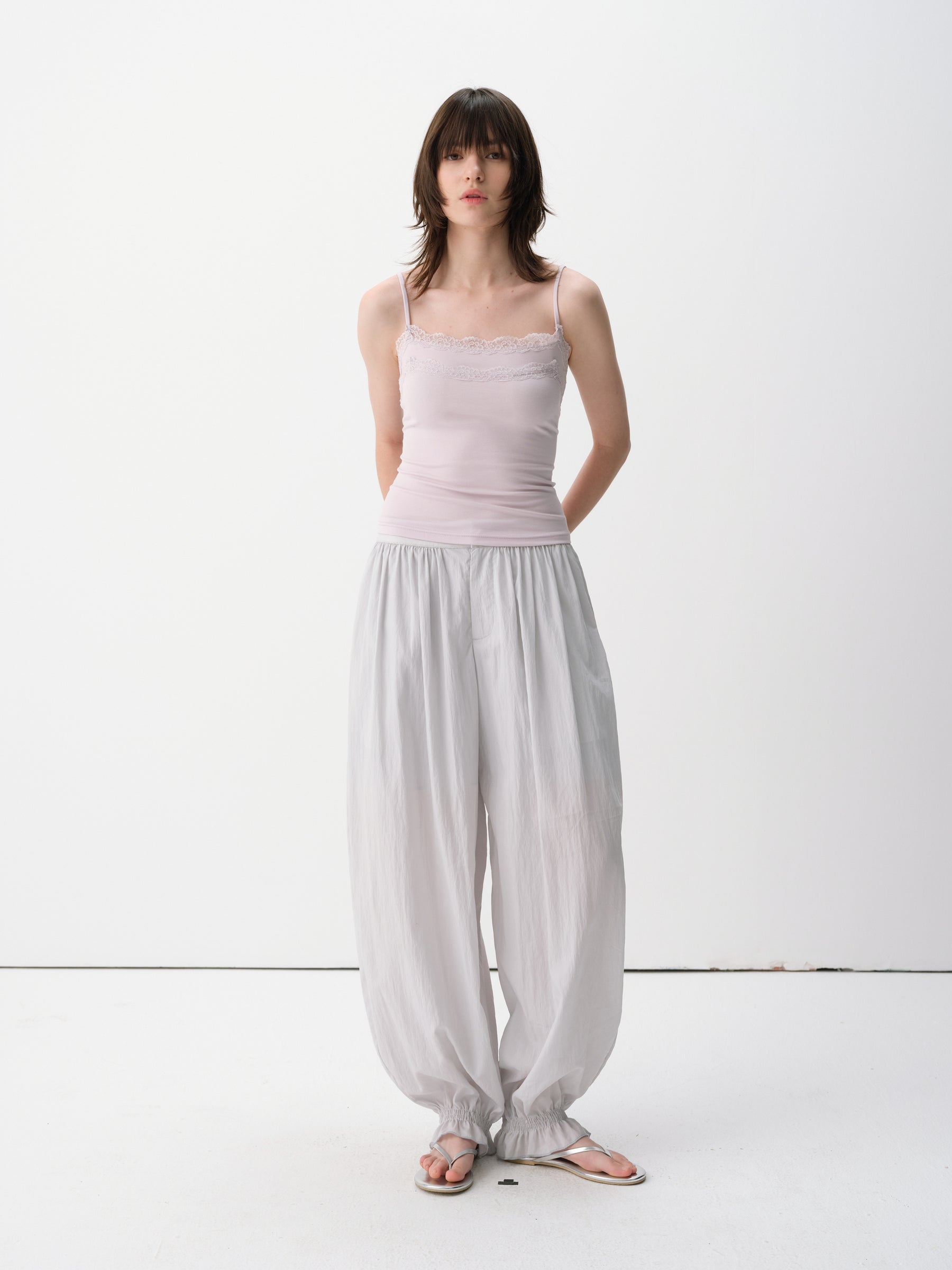 Back Elastic Waist Lightweight Shirred Hem Balloon Pants Aqua