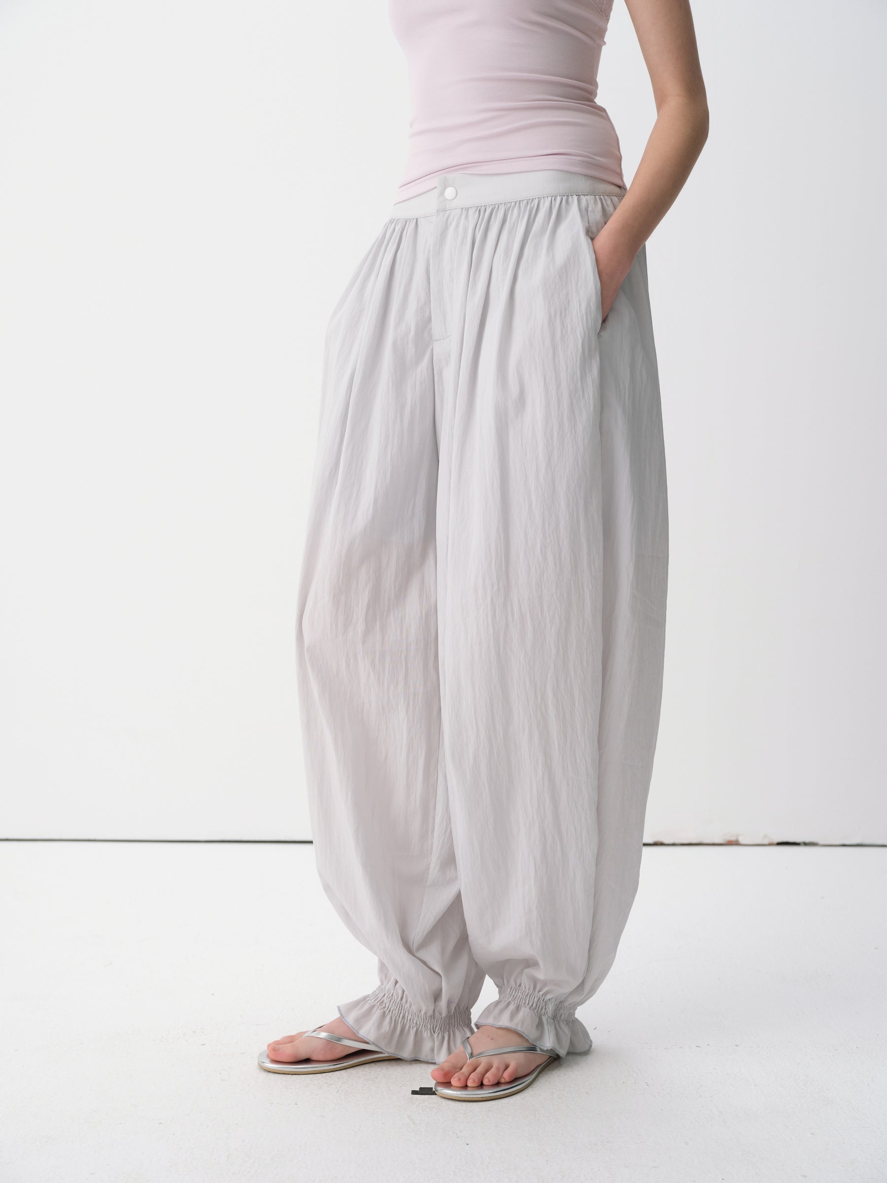 Back Elastic Waist Lightweight Shirred Hem Balloon Pants Aqua