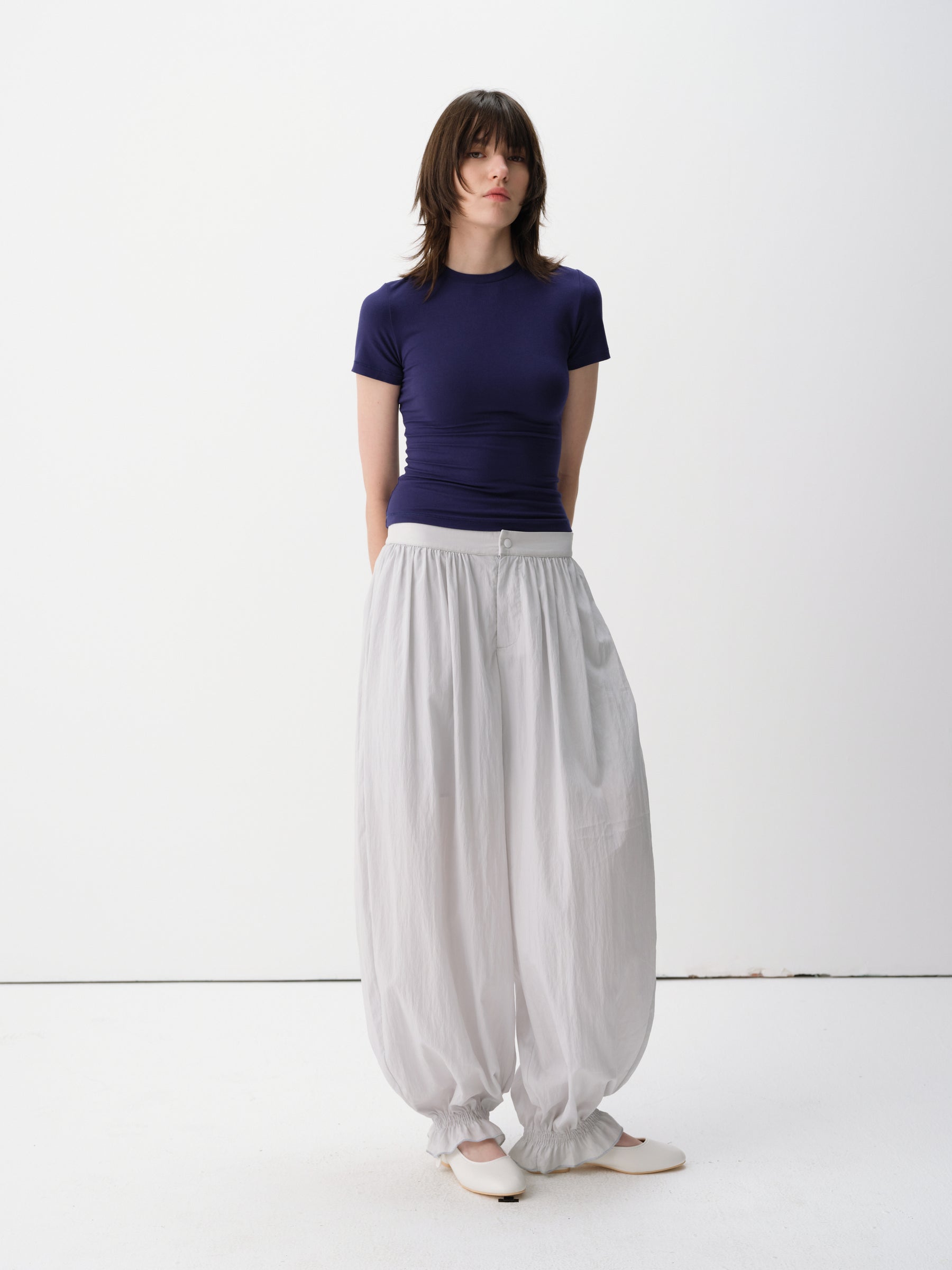 Back Elastic Waist Lightweight Shirred Hem Balloon Pants Aqua