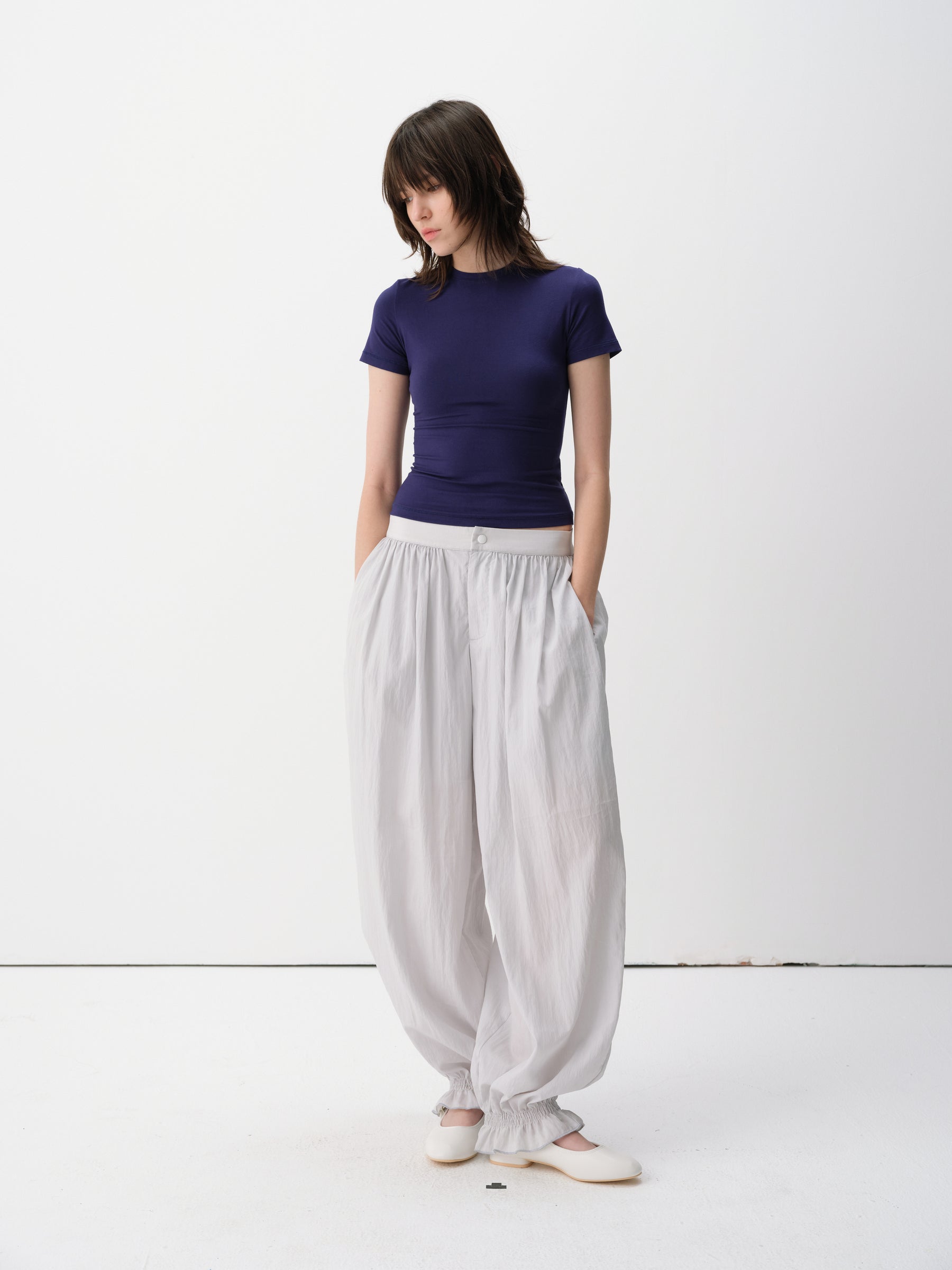 Back Elastic Waist Lightweight Shirred Hem Balloon Pants Aqua