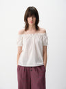 Lace Shirred Puff Sleeve Short-Sleeve Blouse White