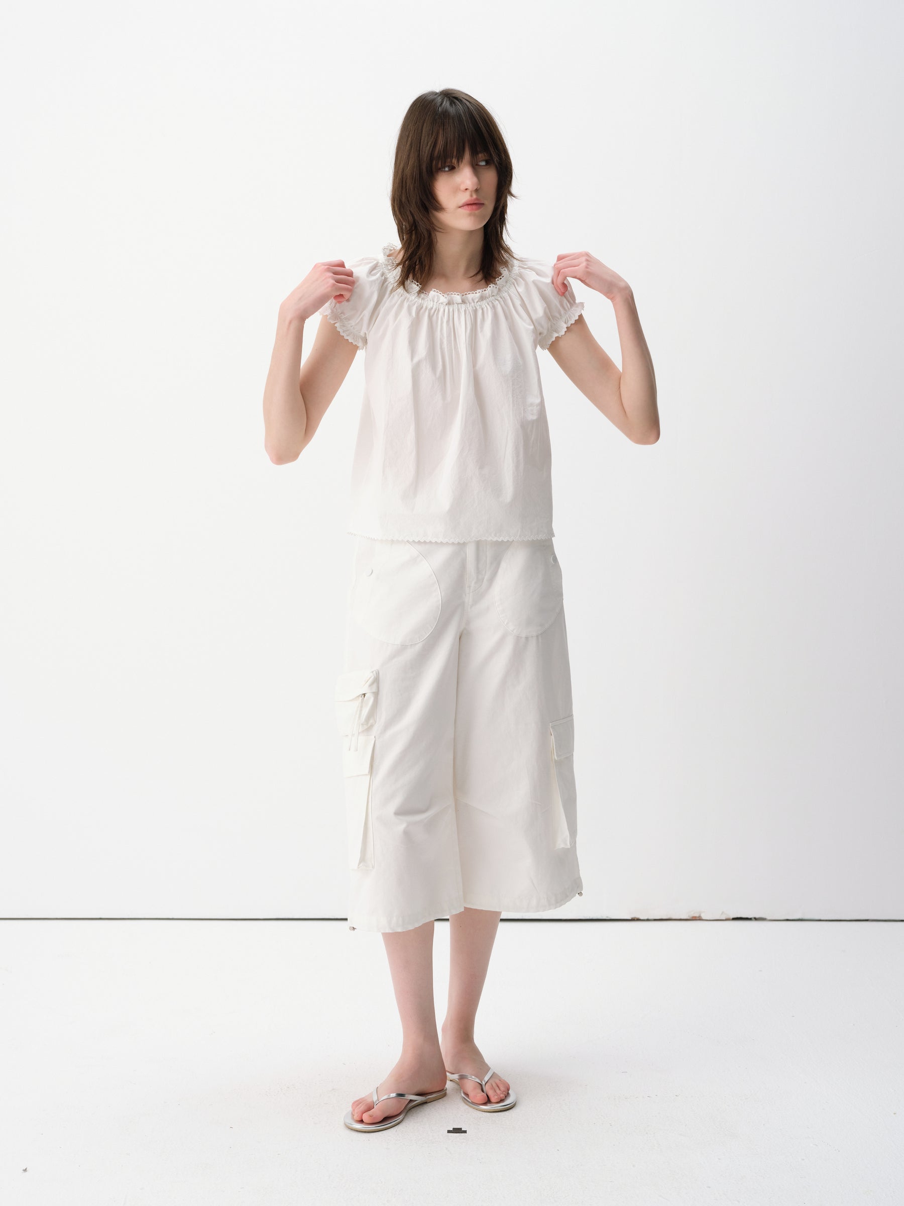 Lace Shirred Puff Sleeve Short-Sleeve Blouse White
