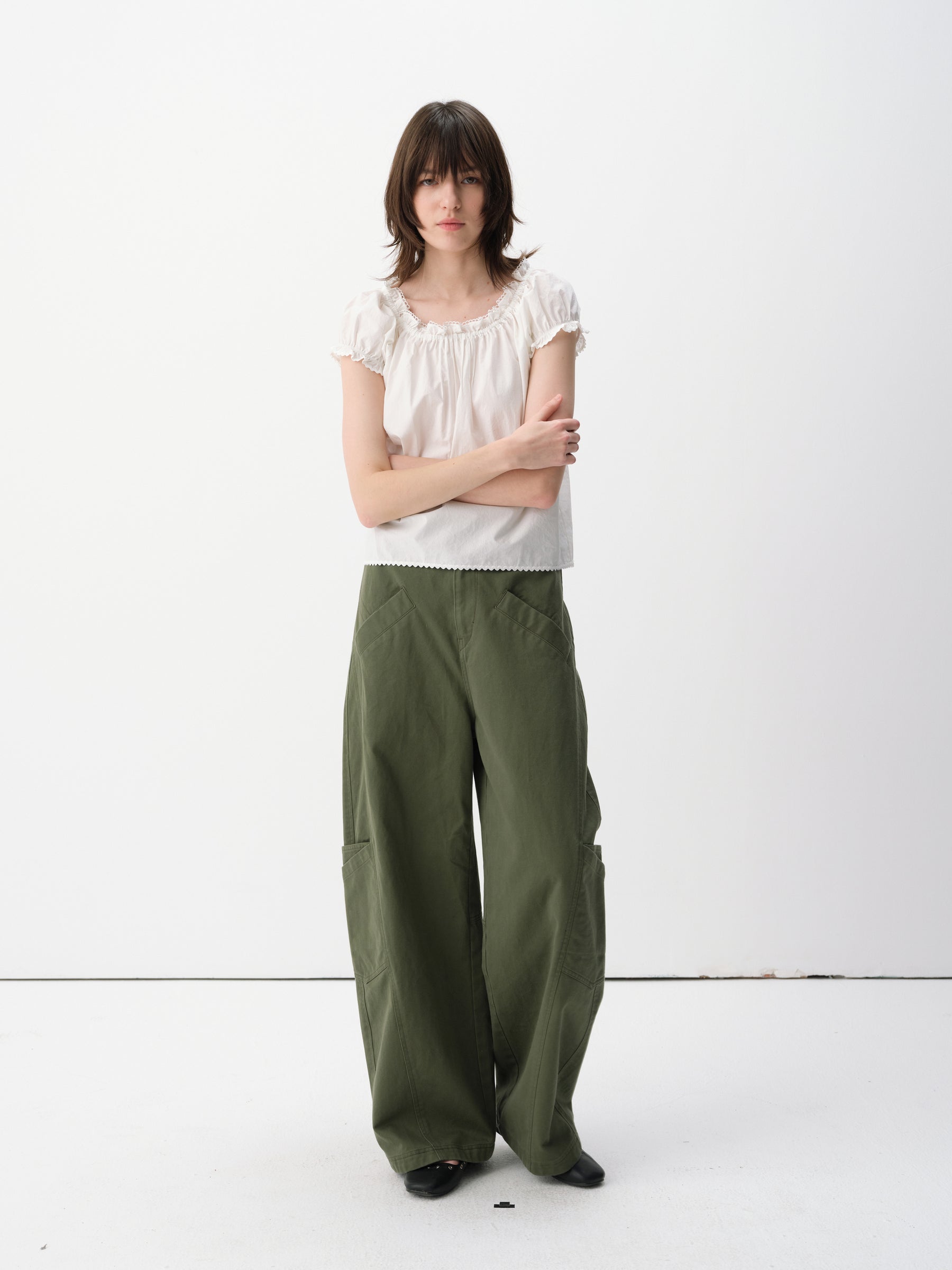 Mid-Low Rise Cotton Structured Curved Hem Casual Pants Military Green