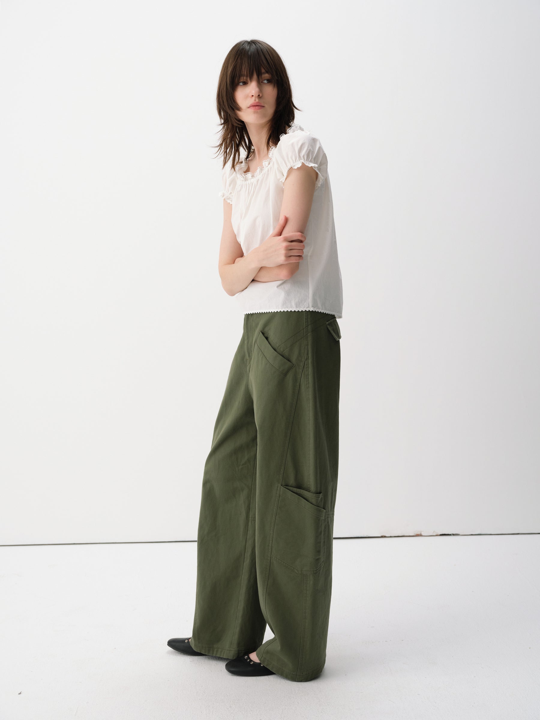 Mid-Low Rise Cotton Structured Curved Hem Casual Pants Military Green