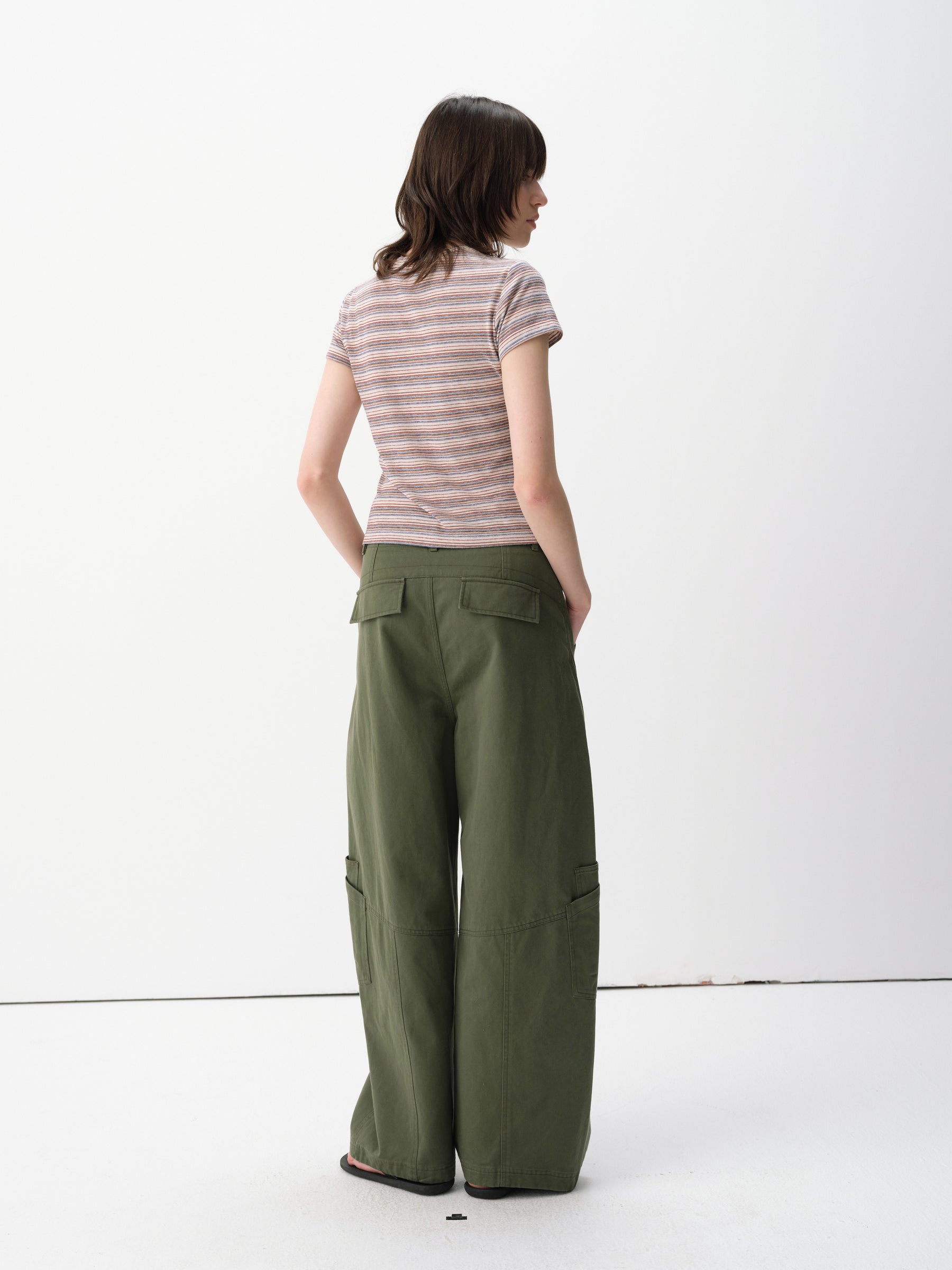 Mid-Low Rise Cotton Structured Curved Hem Casual Pants Military Green