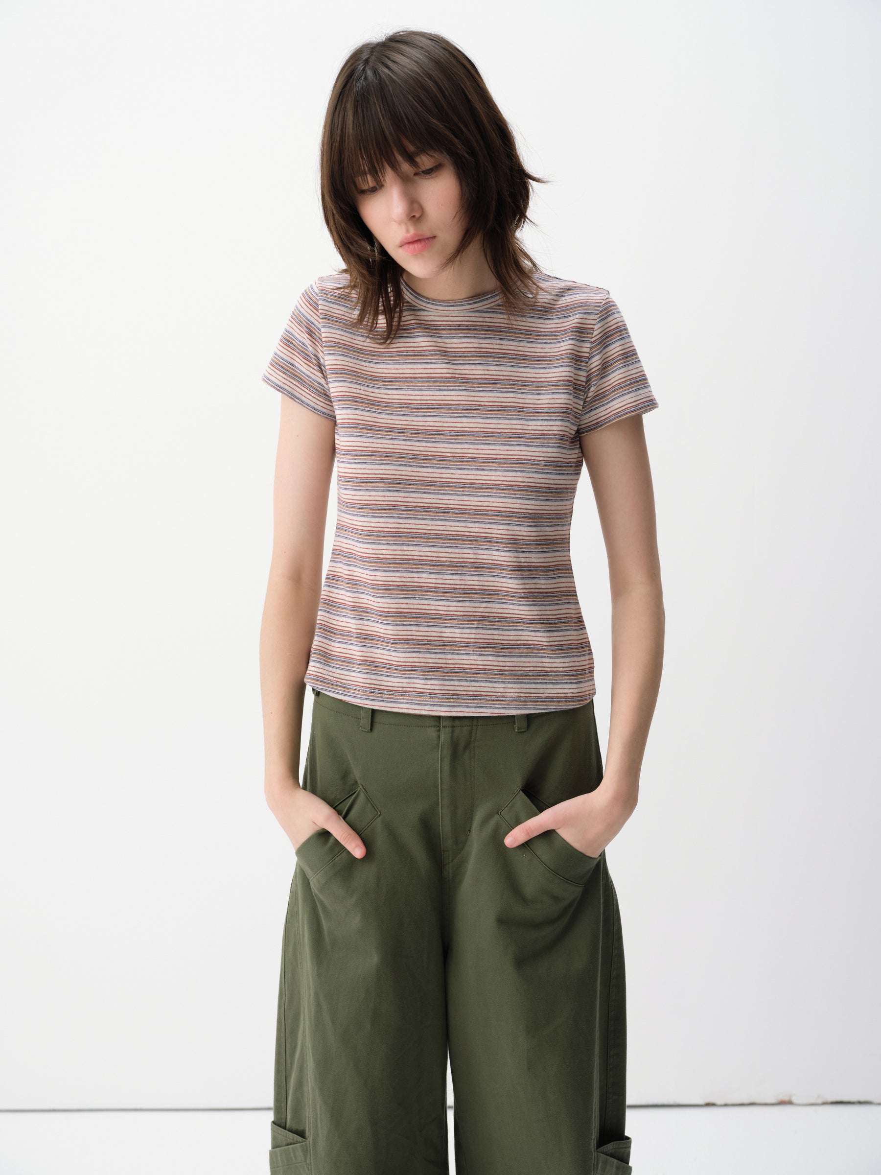 Linen-Blend Striped Regular Shoulder Short-Sleeve Top White Purple