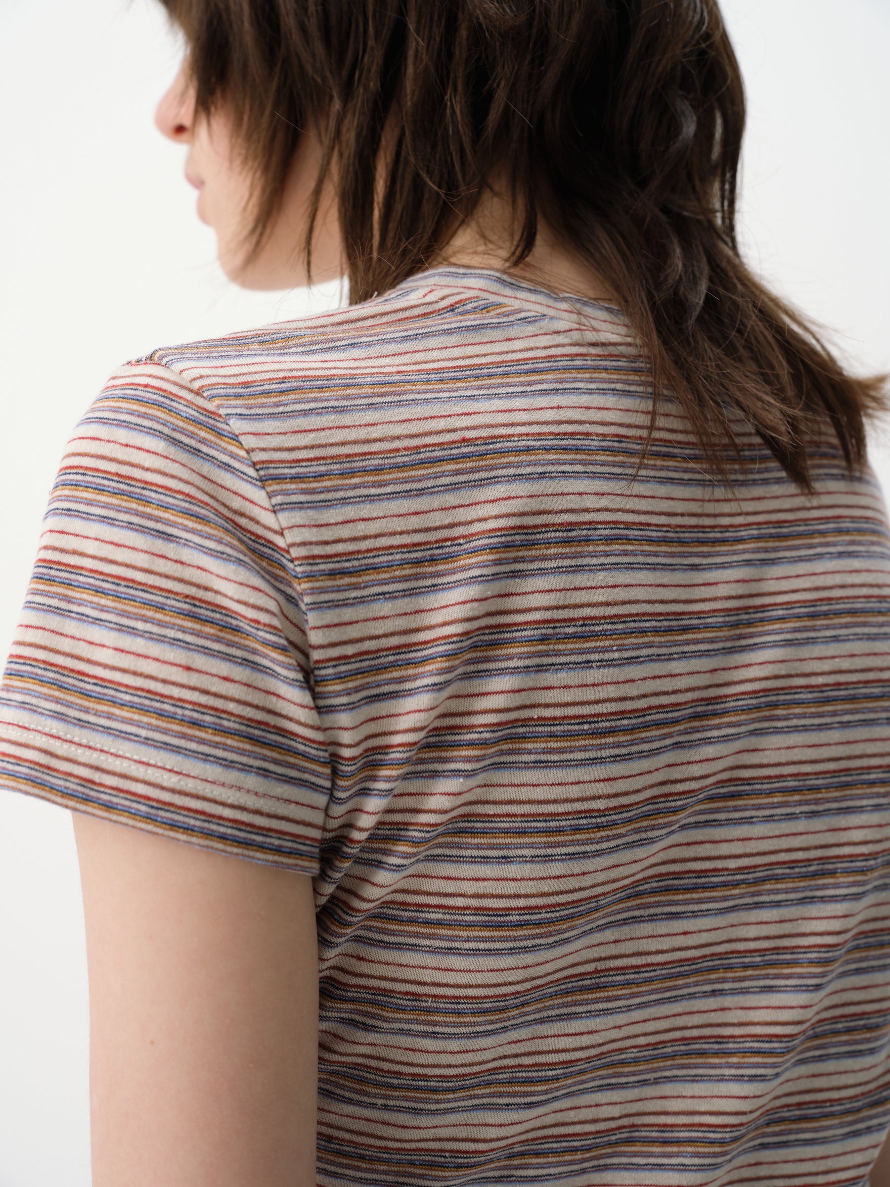 Linen-Blend Striped Regular Shoulder Short-Sleeve Top White Purple