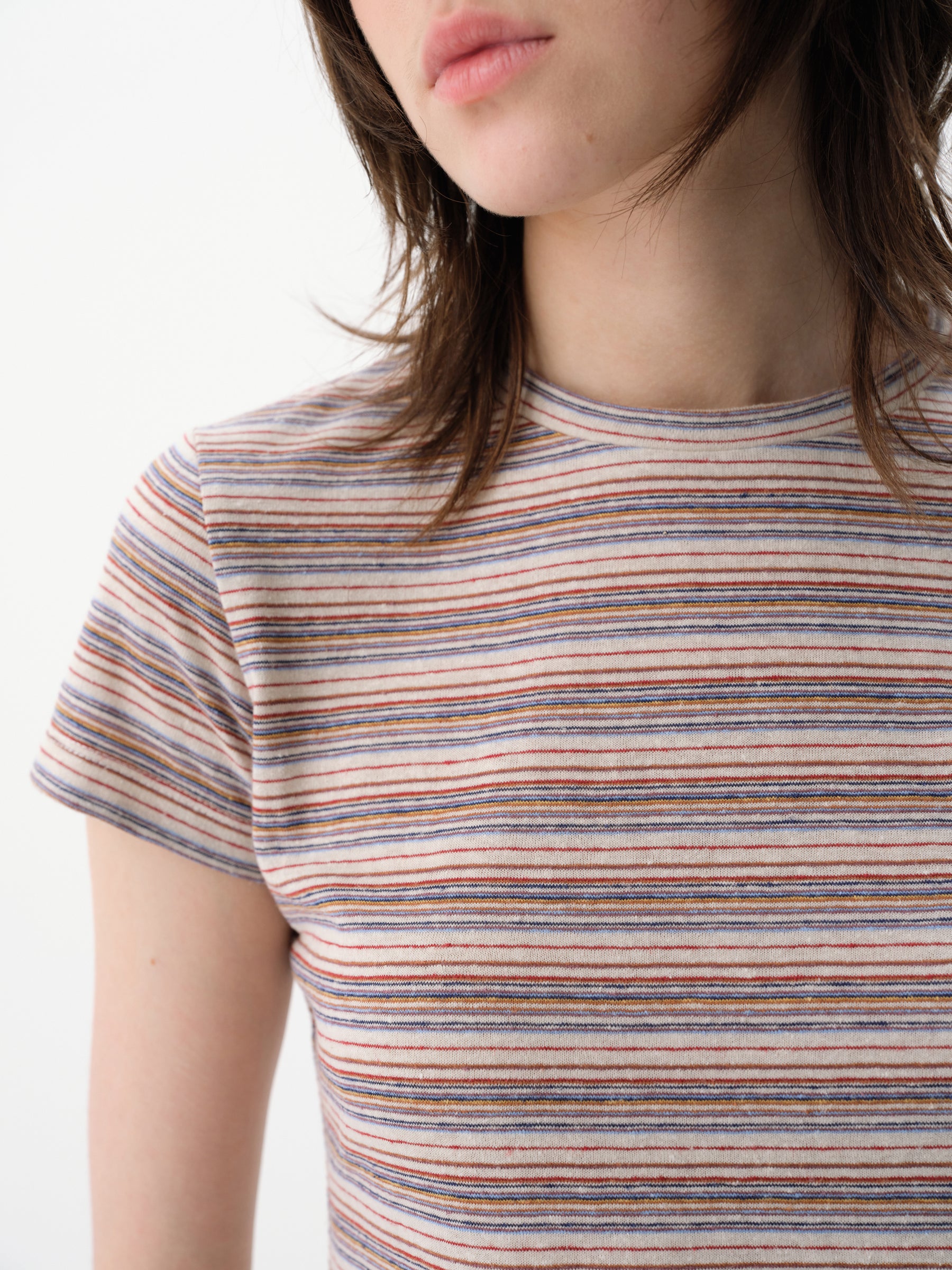 Linen-Blend Striped Regular Shoulder Short-Sleeve Top White Purple