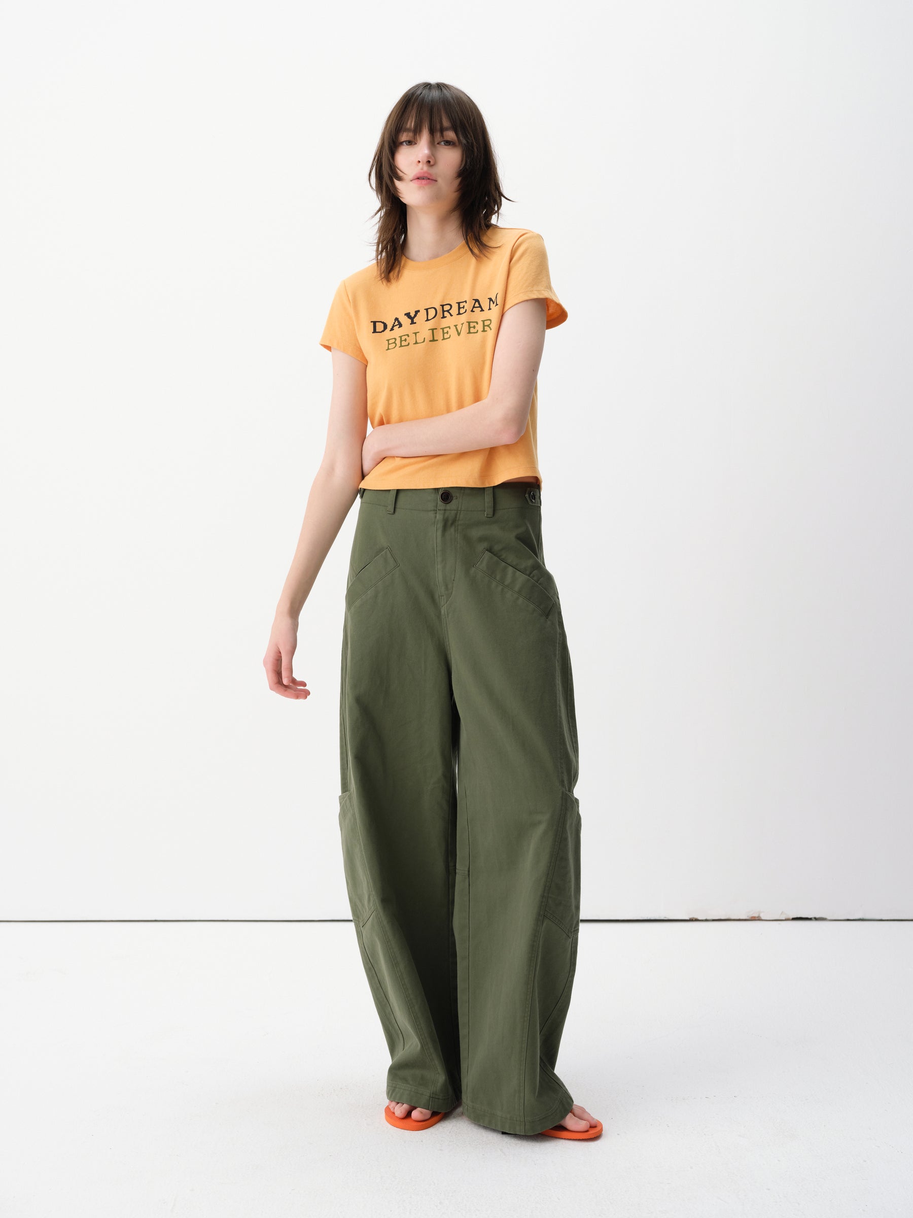 Mid-Low Rise Cotton Structured Curved Hem Casual Pants Military Green