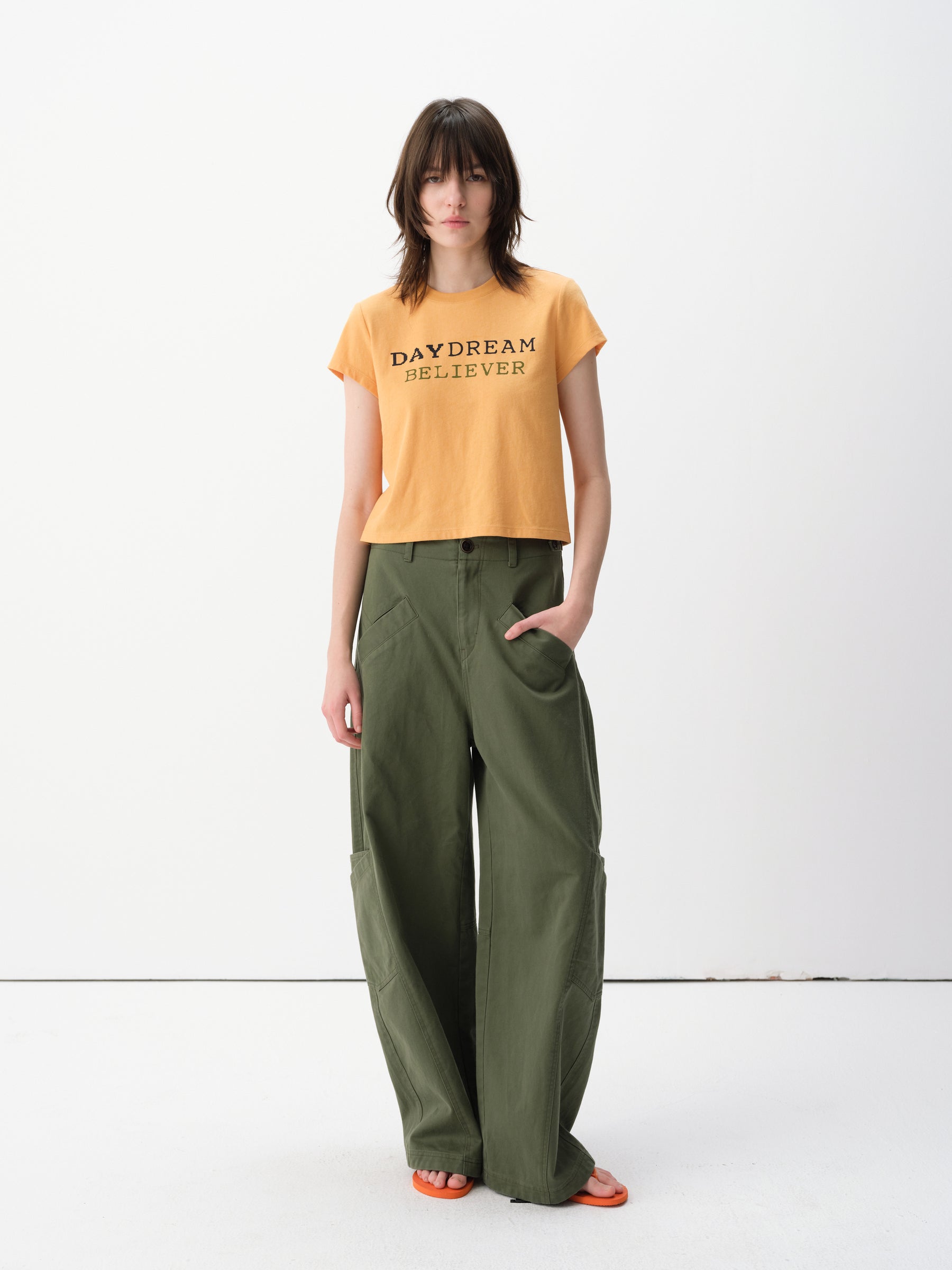 Contrast Slogan Print Regular Shoulder Short-Sleeve Tee Orange