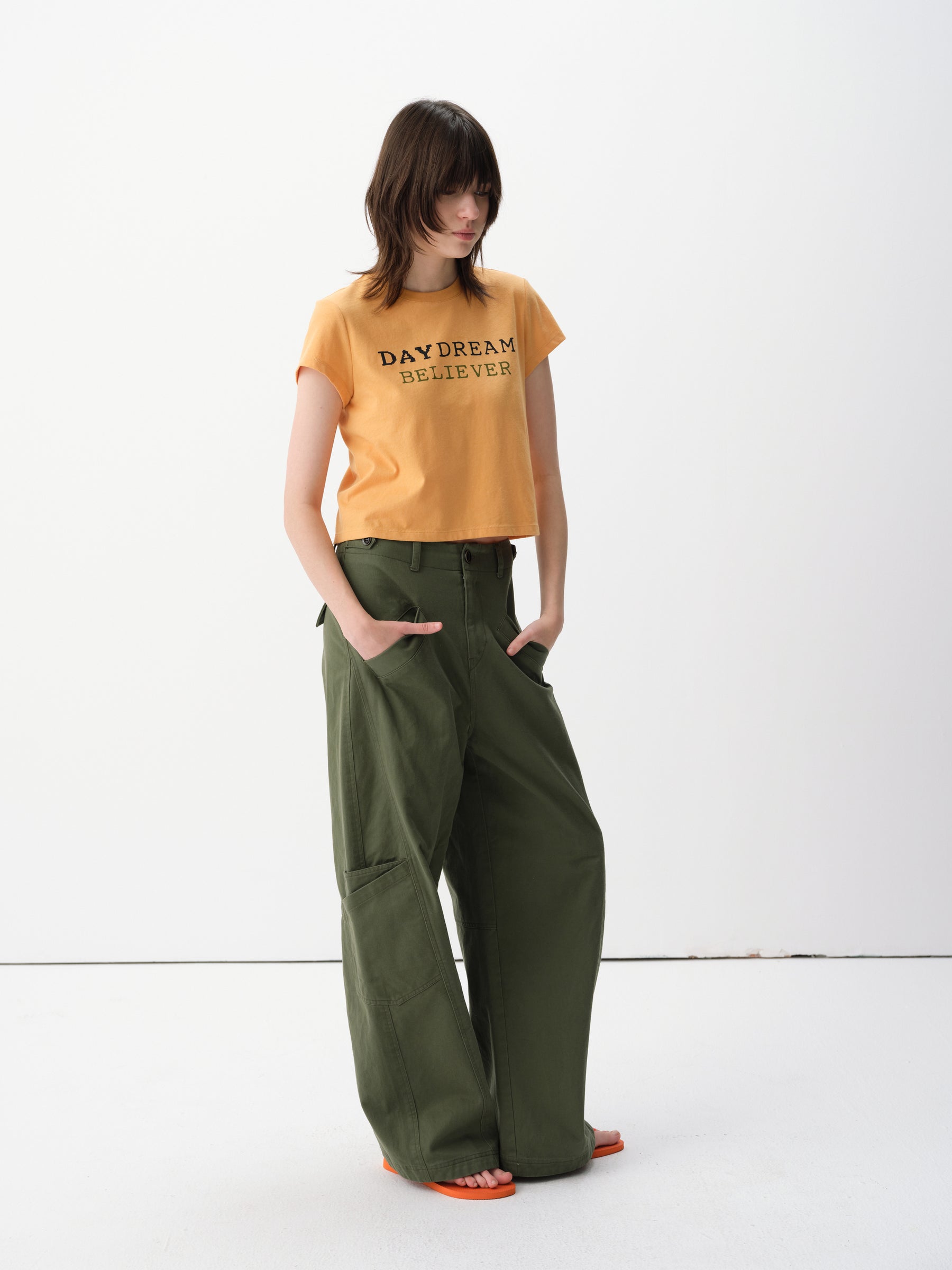 Contrast Slogan Print Regular Shoulder Short-Sleeve Tee Orange