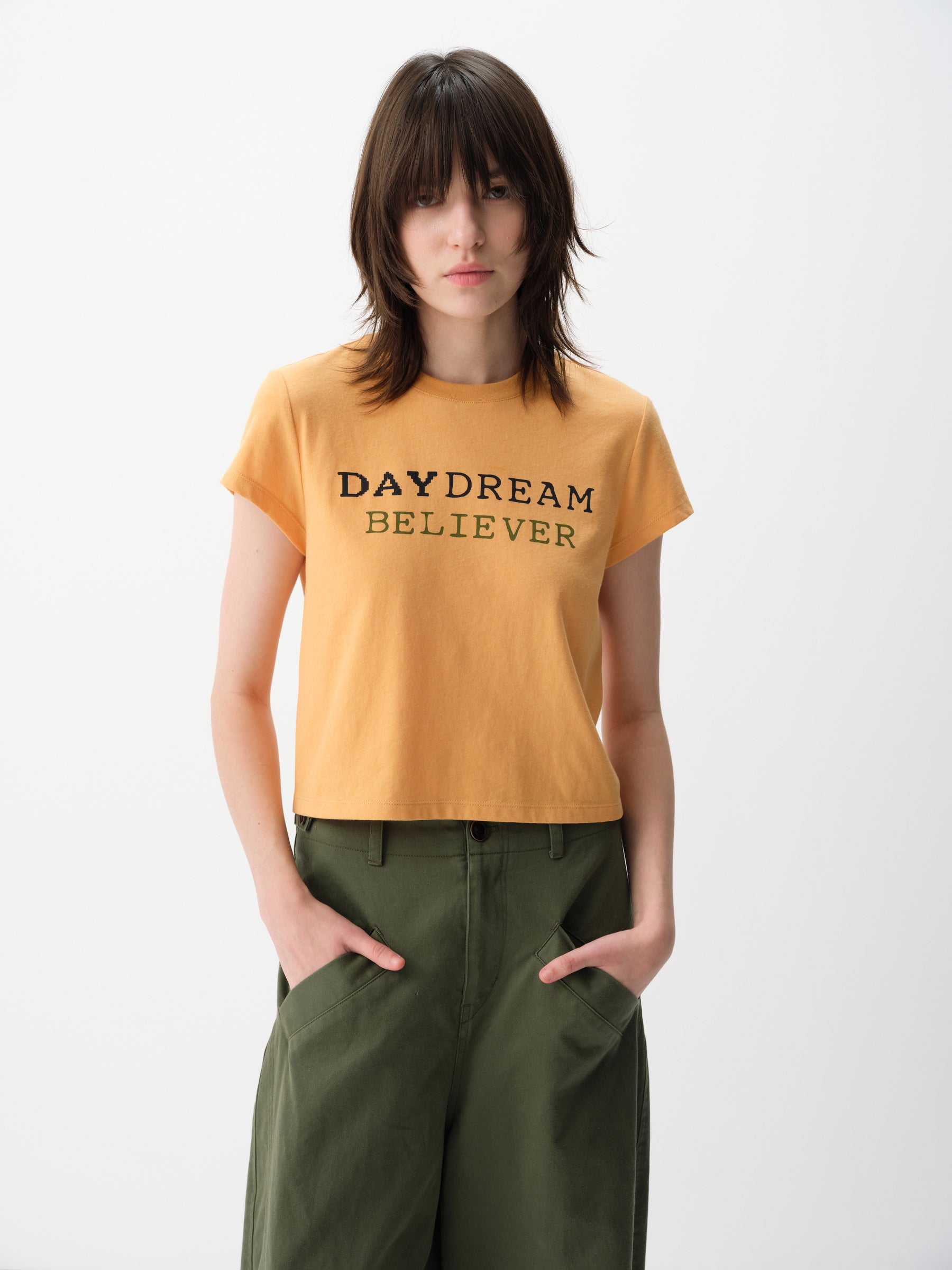Contrast Slogan Print Regular Shoulder Short-Sleeve Tee Orange