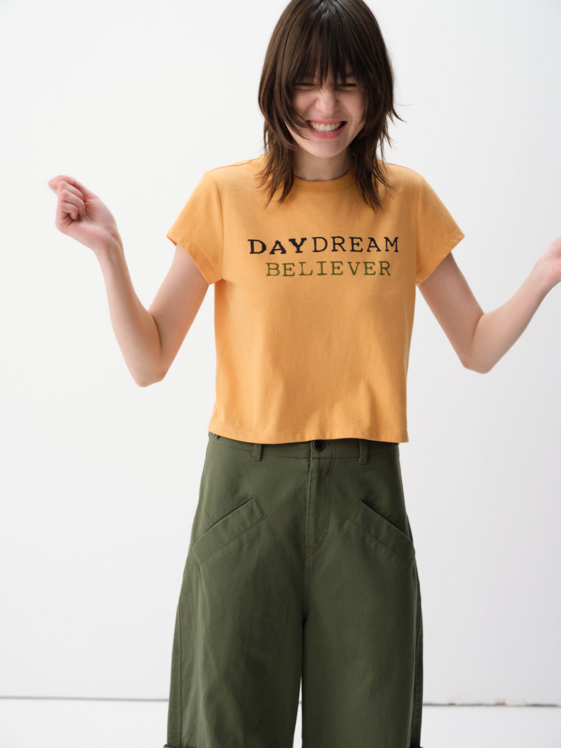 Contrast Slogan Print Regular Shoulder Short-Sleeve Tee Orange