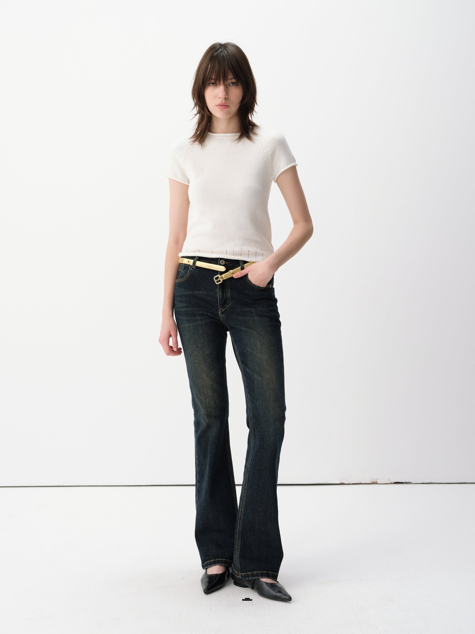 Linen-Blend Cuff Trim Butterfly Sleeve Knit Short-Sleeve Tee White