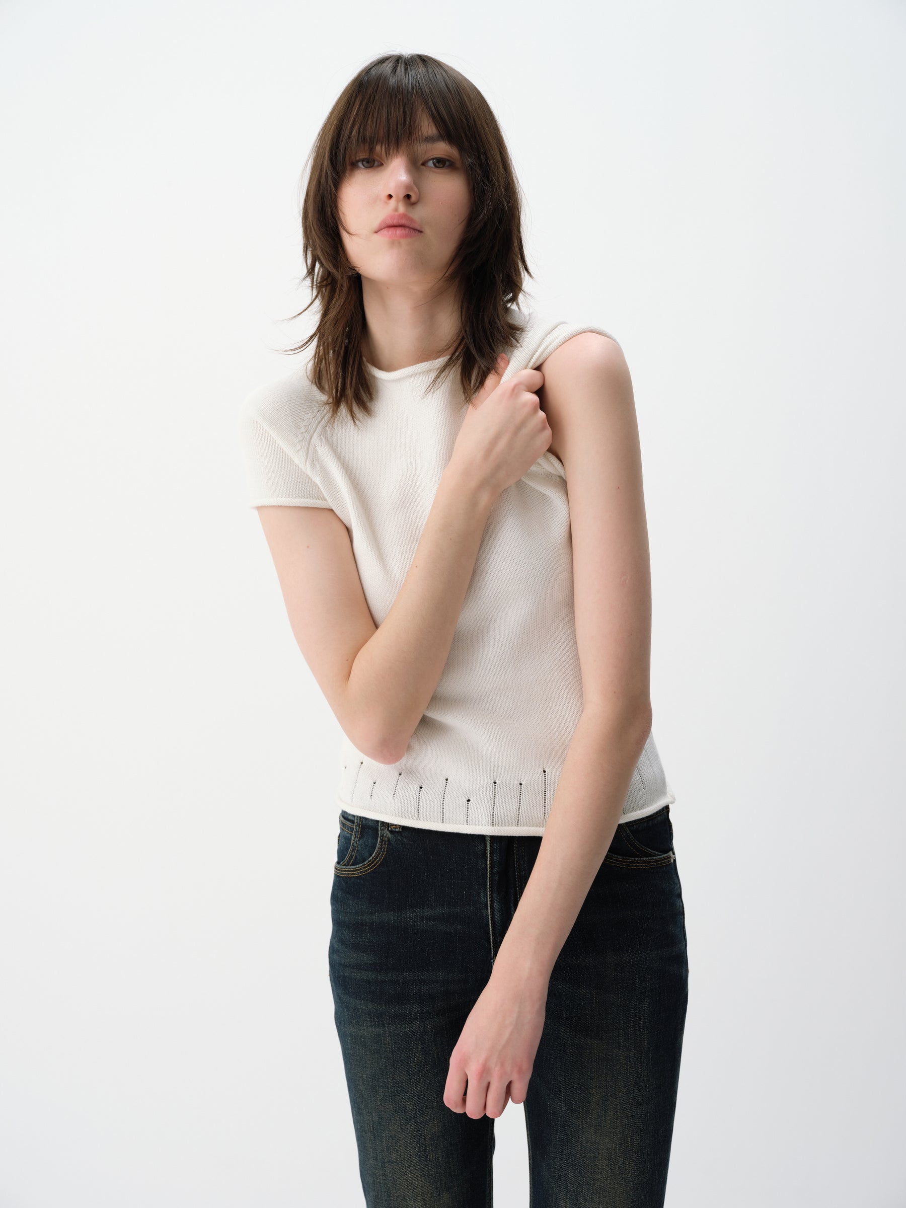 Linen-Blend Cuff Trim Butterfly Sleeve Knit Short-Sleeve Tee White