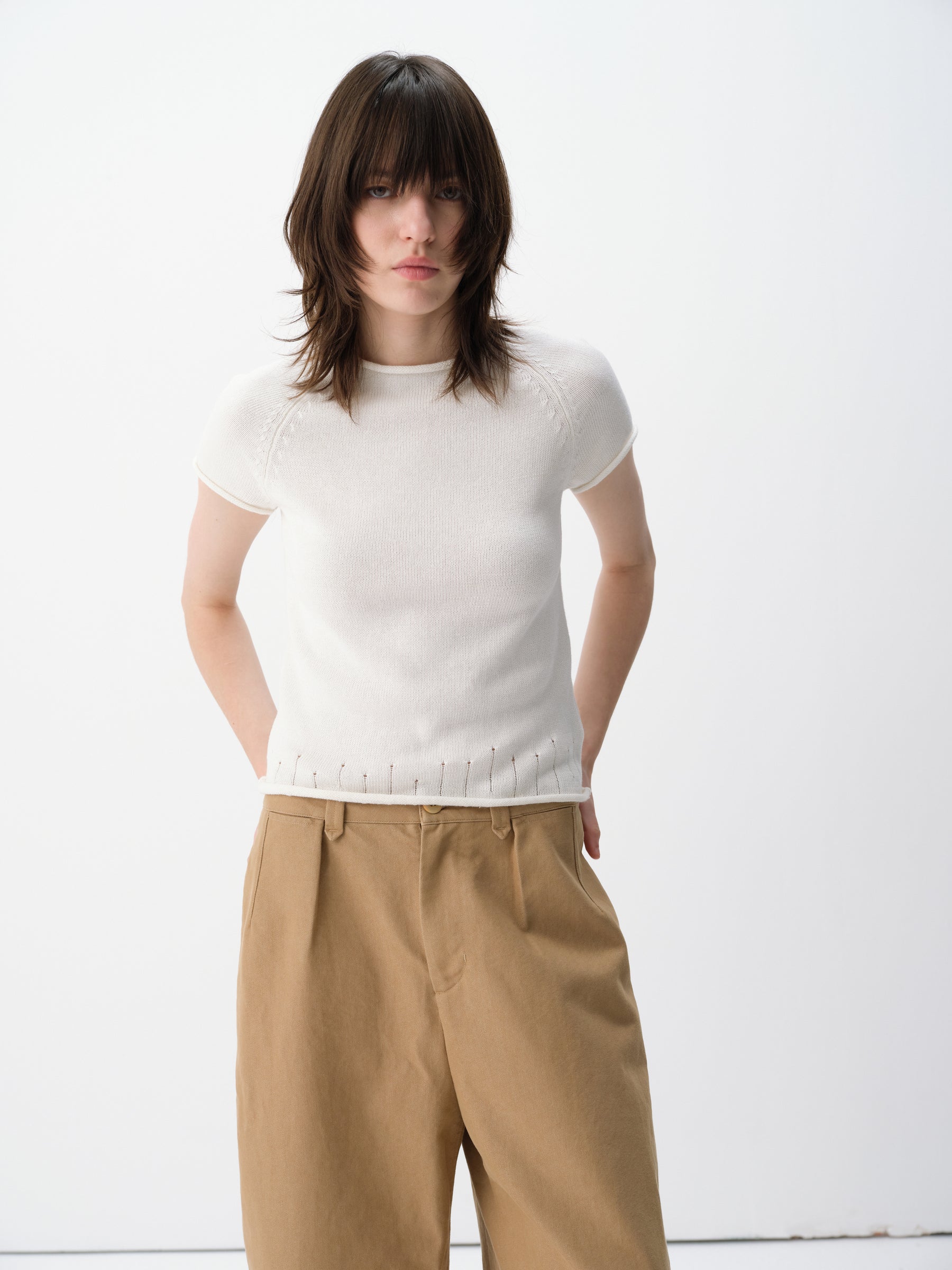 Linen-Blend Cuff Trim Butterfly Sleeve Knit Short-Sleeve Tee White