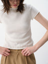Linen-Blend Cuff Trim Butterfly Sleeve Knit Short-Sleeve Tee White
