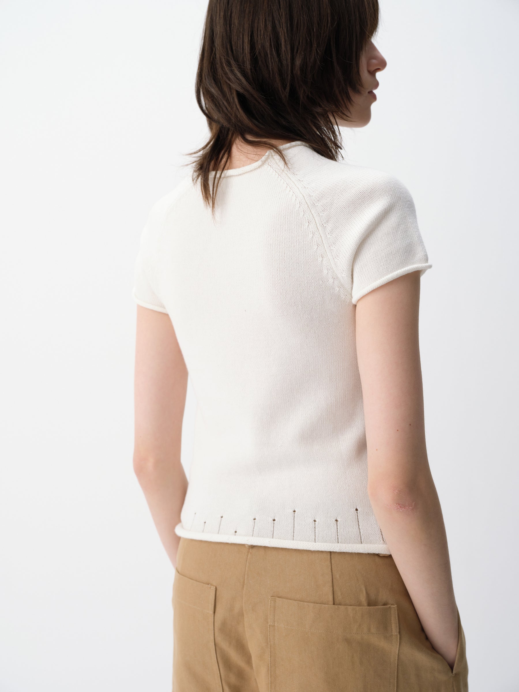 Linen-Blend Cuff Trim Butterfly Sleeve Knit Short-Sleeve Tee White