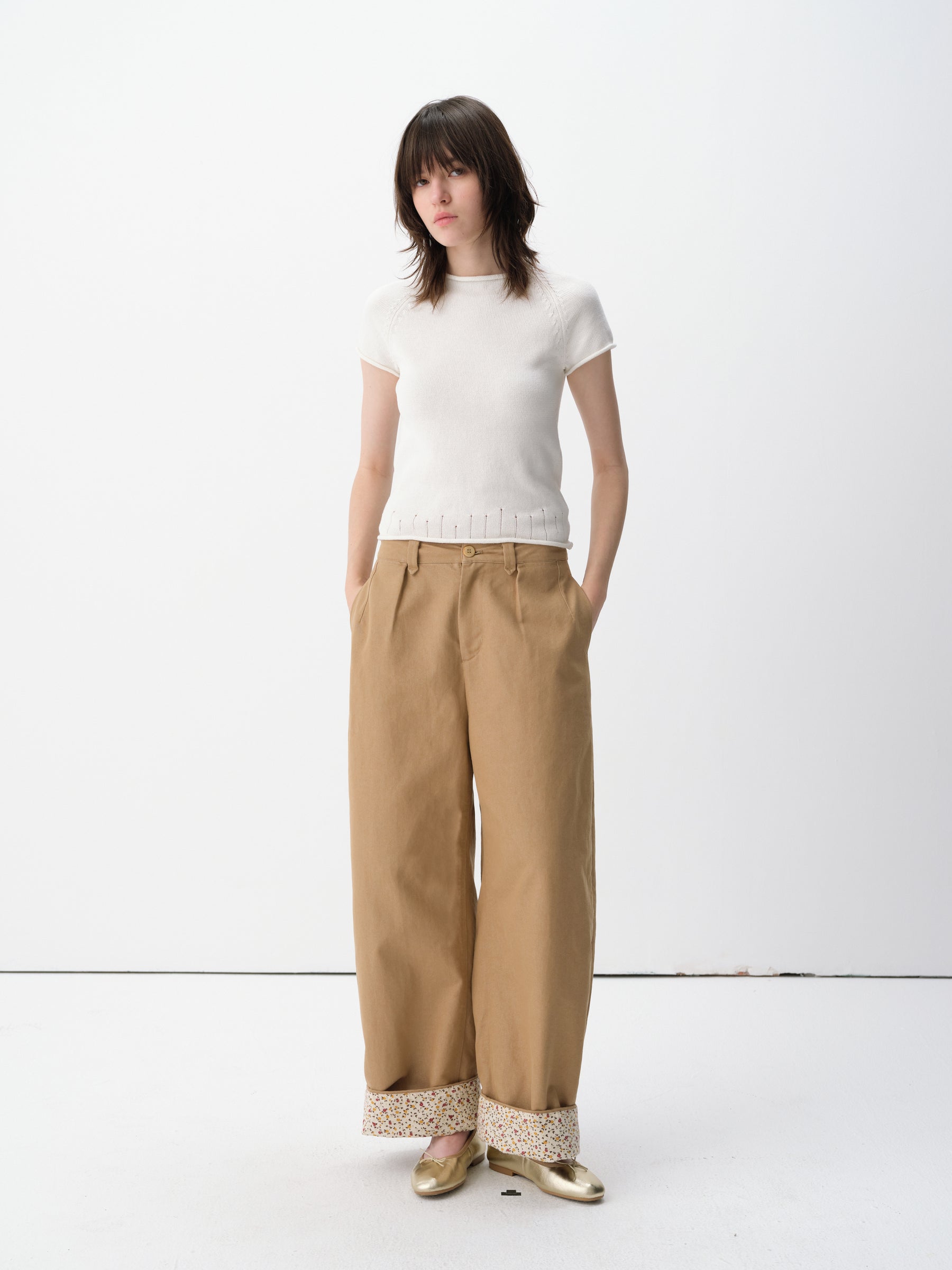 Linen-Blend Cuff Trim Butterfly Sleeve Knit Short-Sleeve Tee White