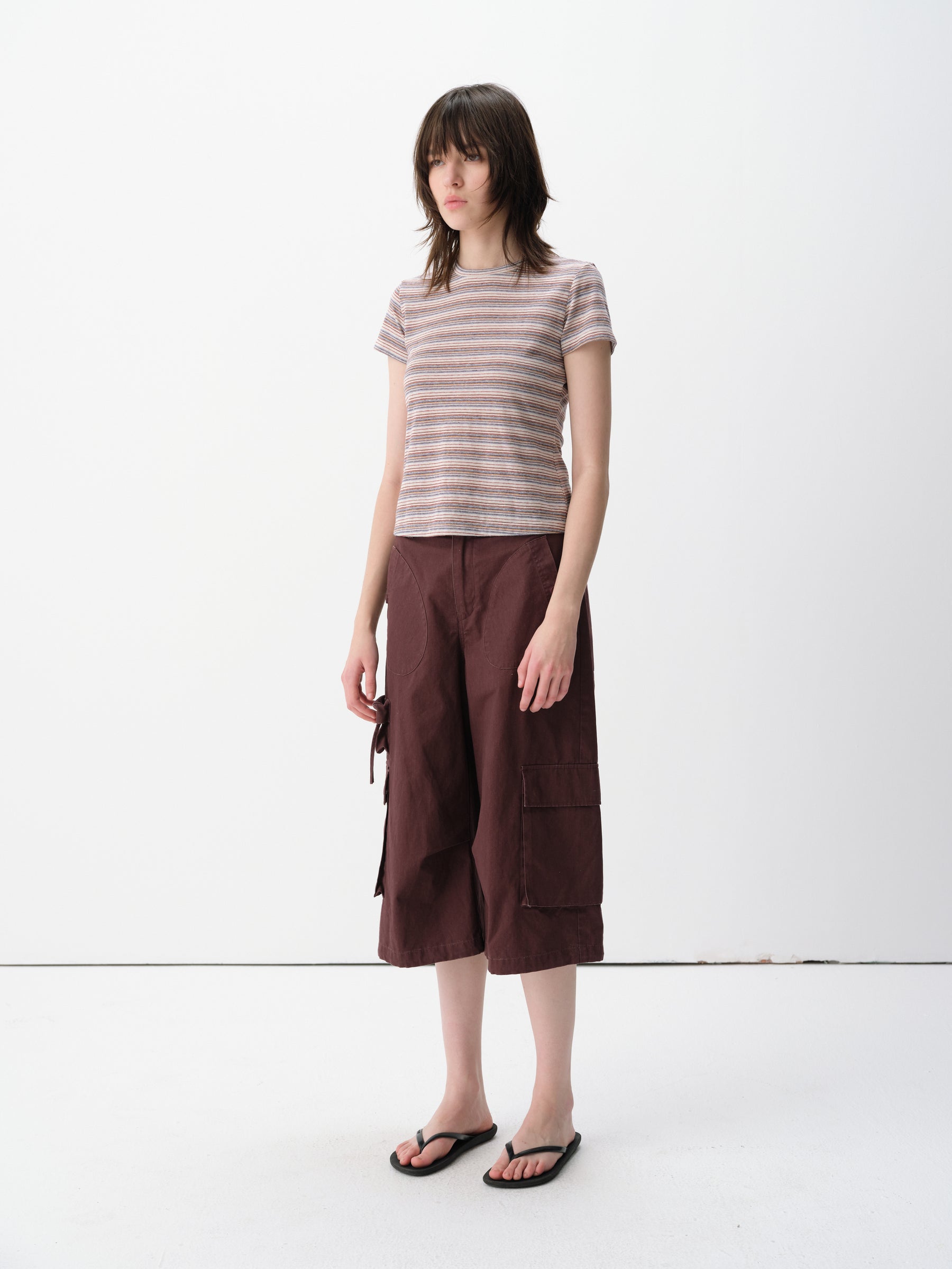 Linen-Blend Striped Regular Shoulder Short-Sleeve Top White Purple