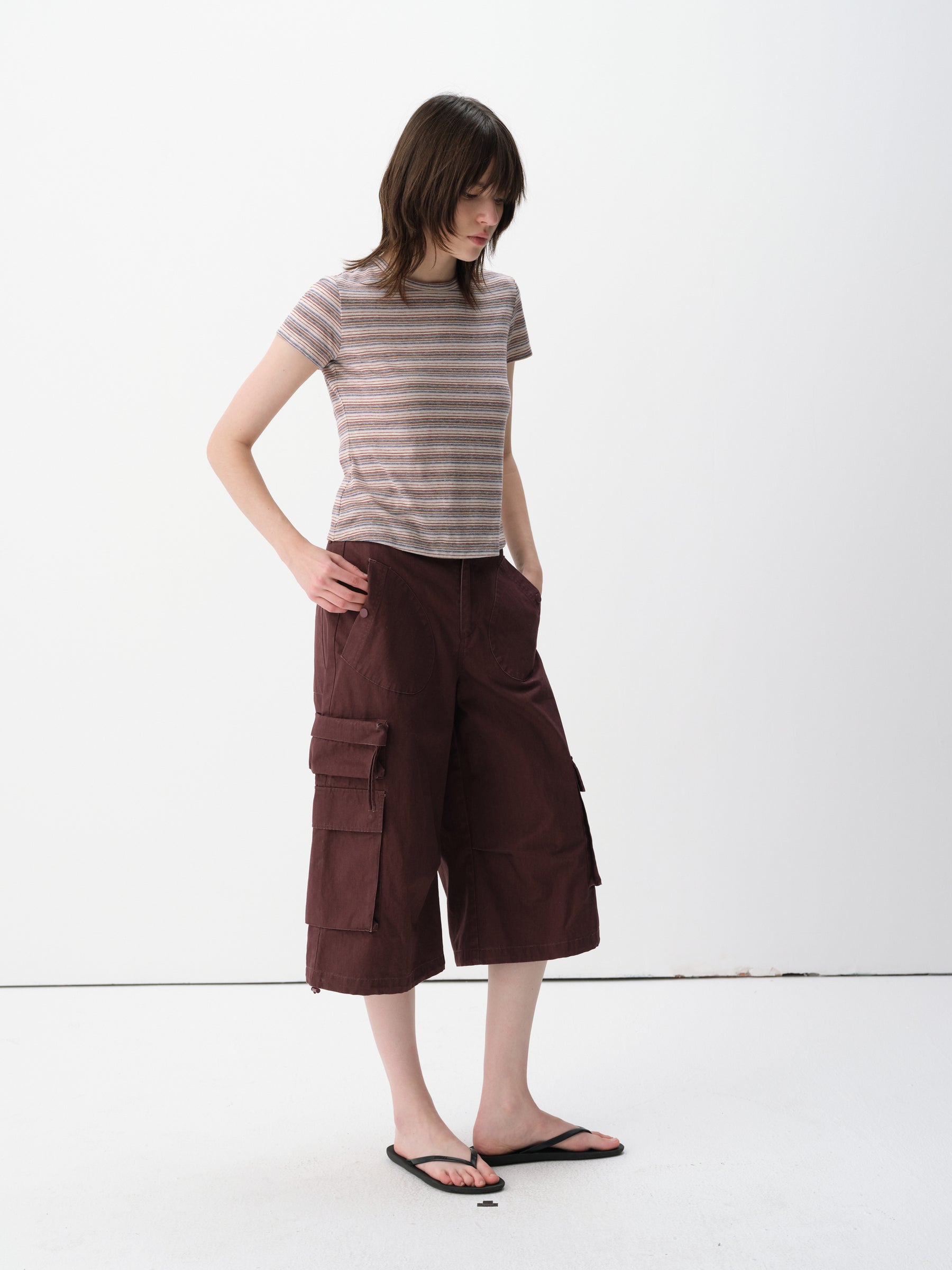 Linen-Blend Striped Regular Shoulder Short-Sleeve Top White Purple