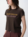 Contrast Slogan Print Regular Shoulder Short-Sleeve Tee Coffee Brown