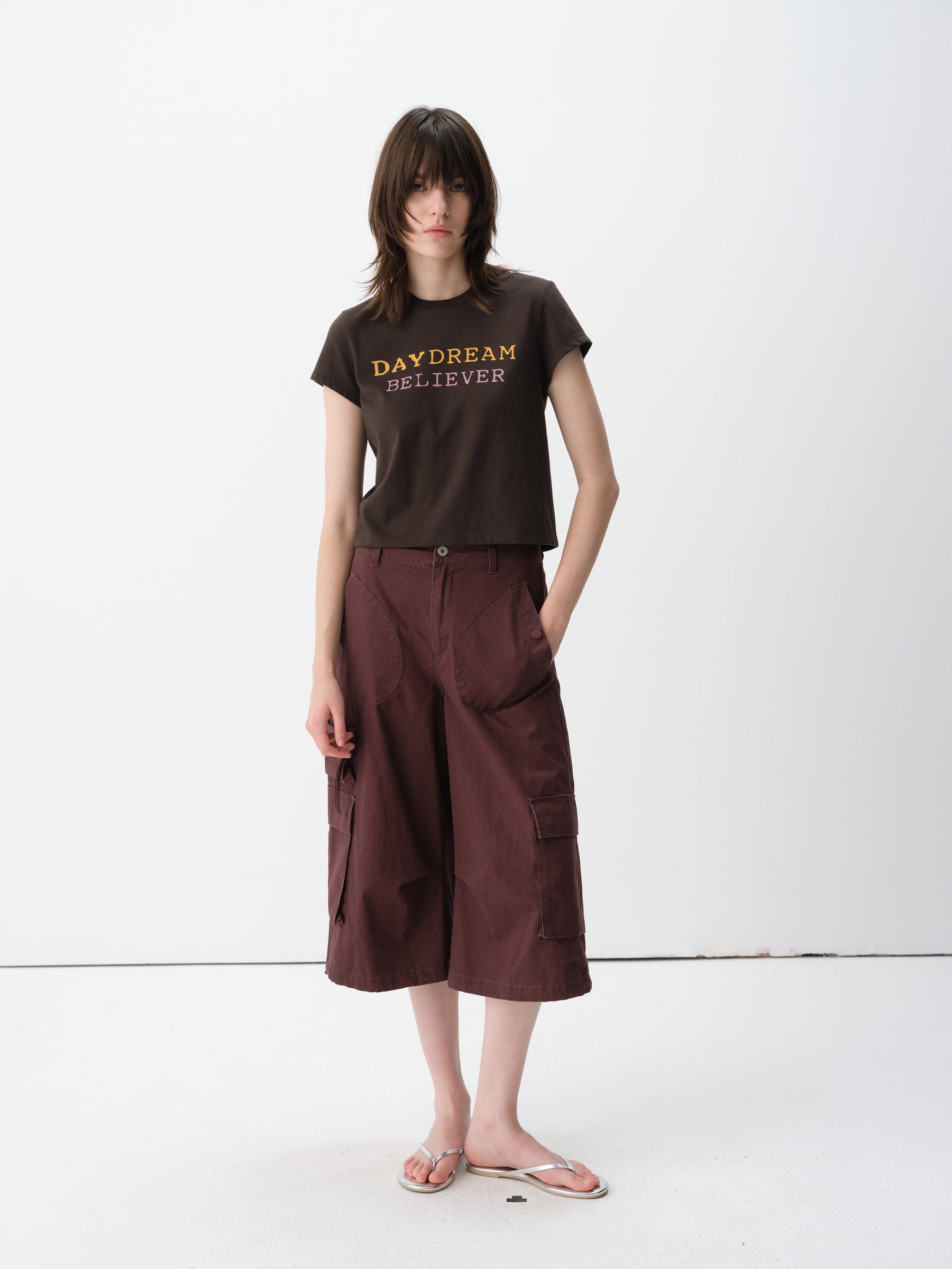 Contrast Slogan Print Regular Shoulder Short-Sleeve Tee Coffee Brown