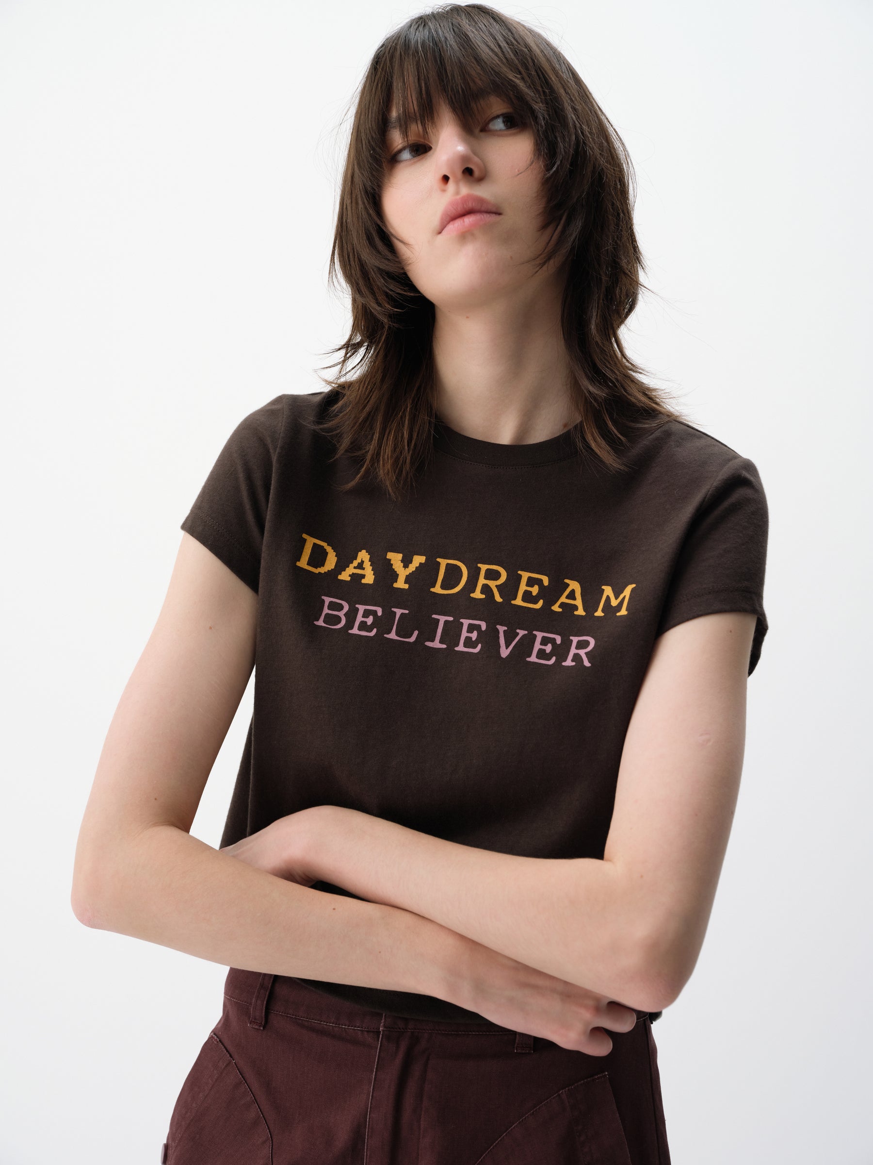 Contrast Slogan Print Regular Shoulder Short-Sleeve Tee Coffee Brown