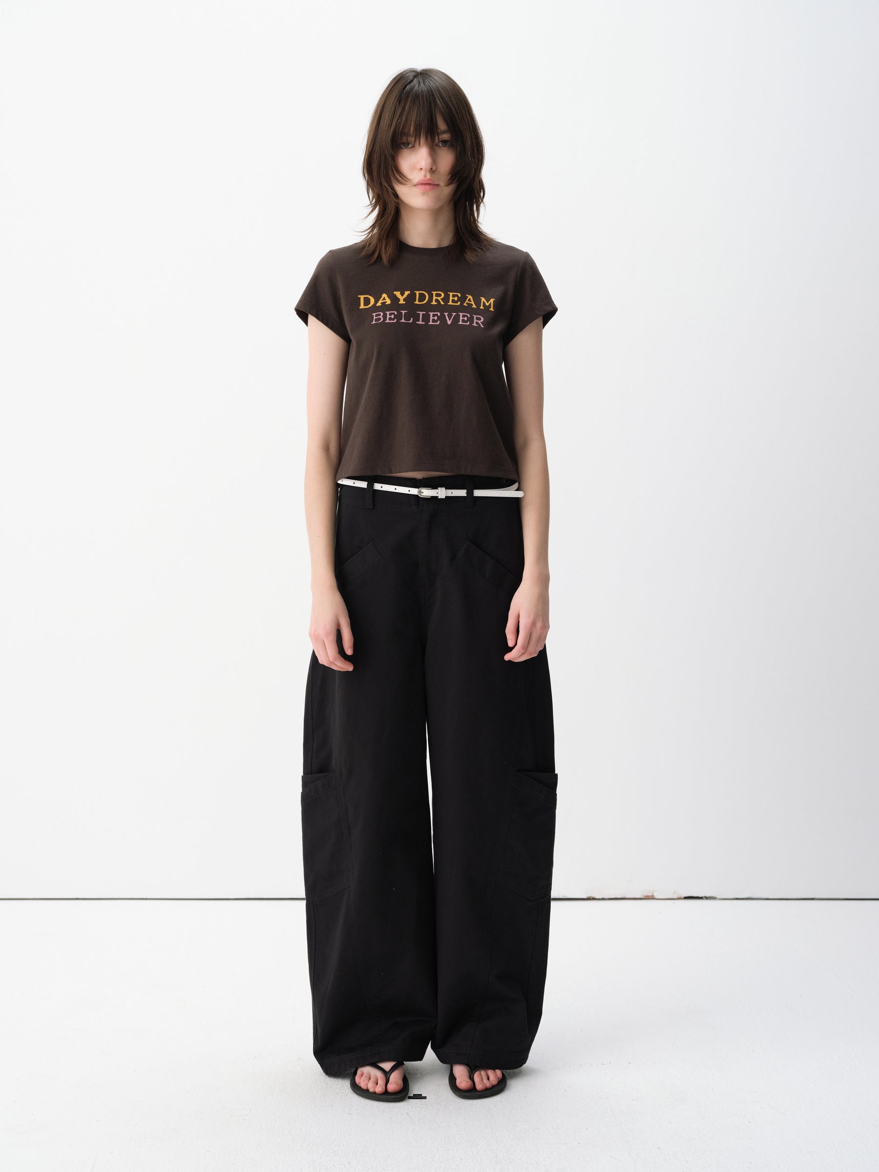 Mid-Low Rise Cotton Structured Curved Hem Casual Pants Black