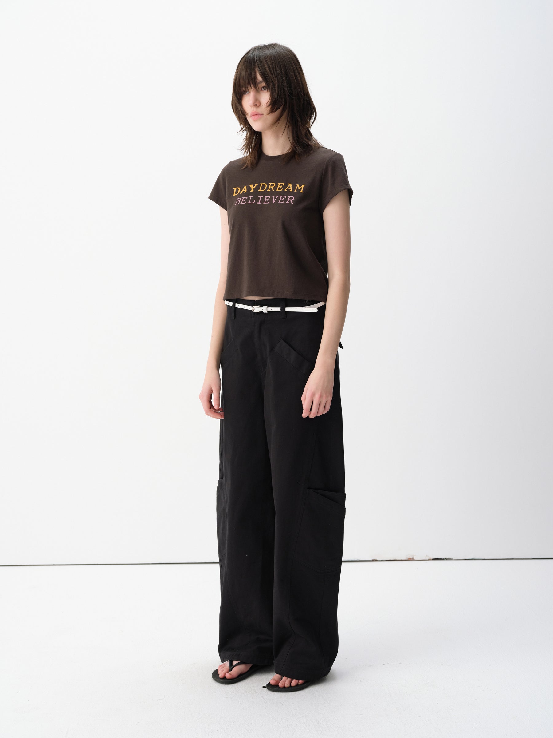 Mid-Low Rise Cotton Structured Curved Hem Casual Pants Black