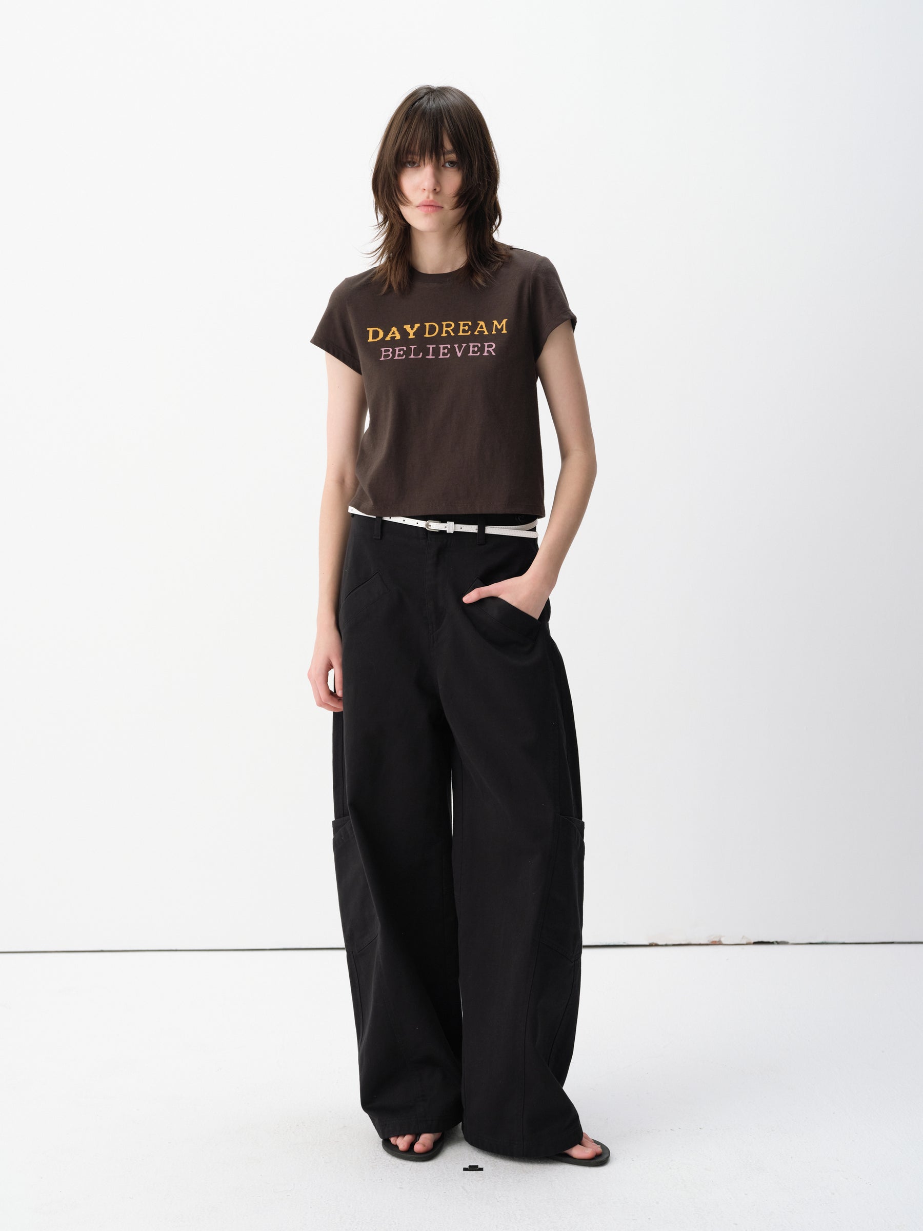Mid-Low Rise Cotton Structured Curved Hem Casual Pants Black