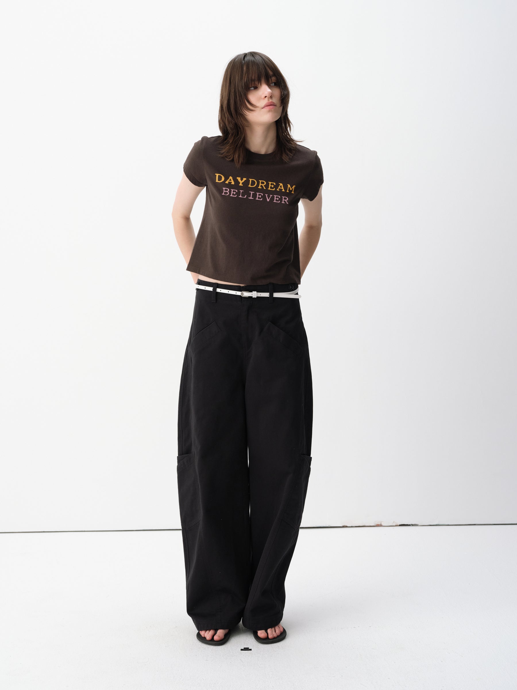 Mid-Low Rise Cotton Structured Curved Hem Casual Pants Black