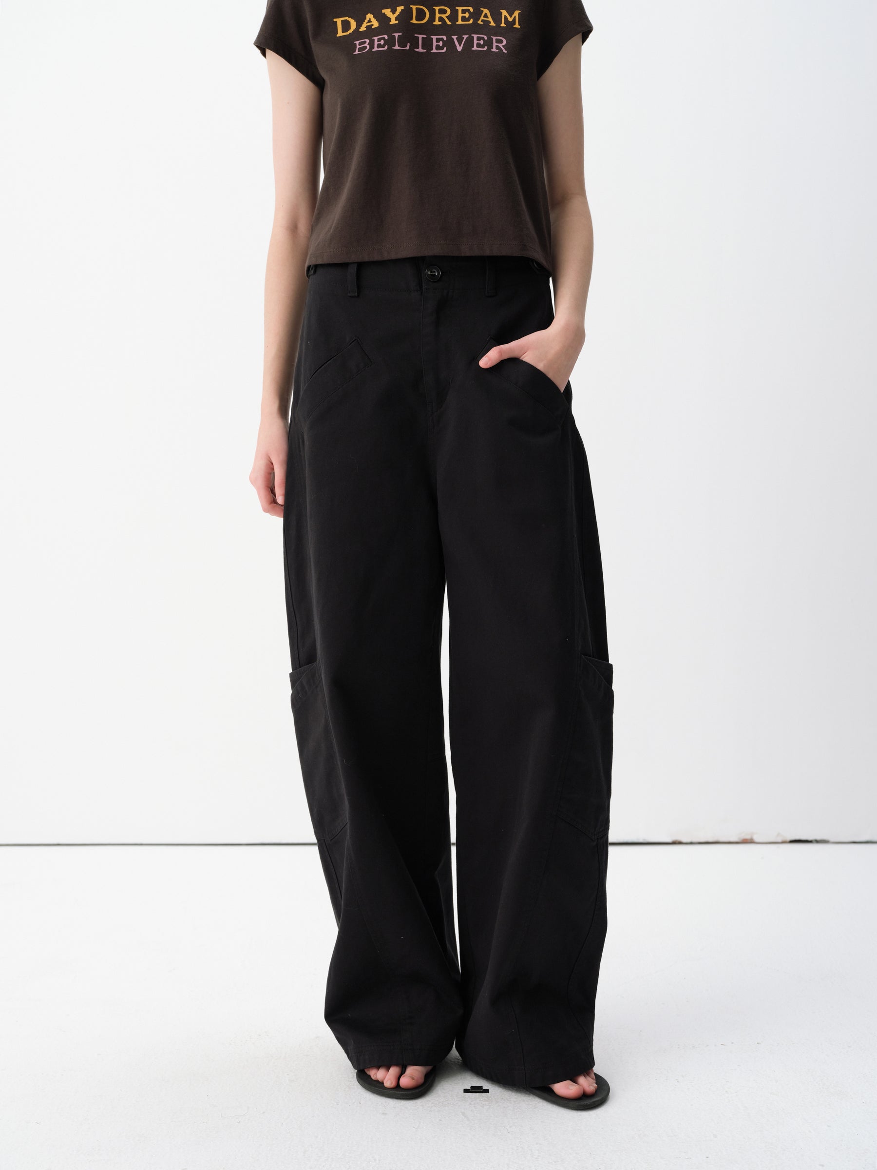 Mid-Low Rise Cotton Structured Curved Hem Casual Pants Black