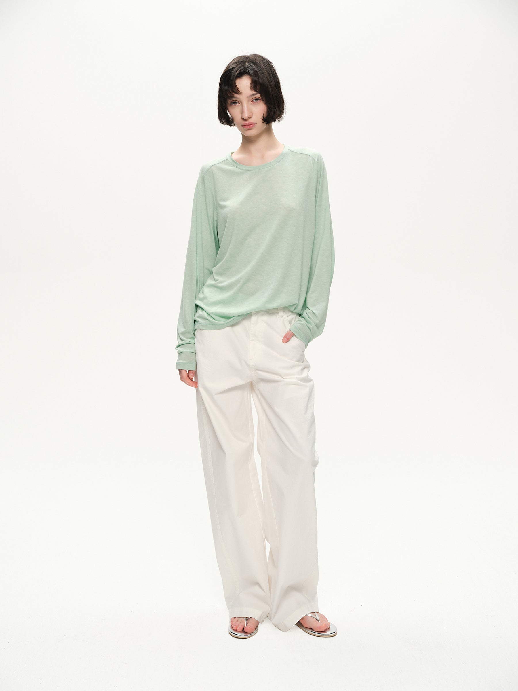 Lyocell wool shoulder cuff design  soft texture T-shirt cyan