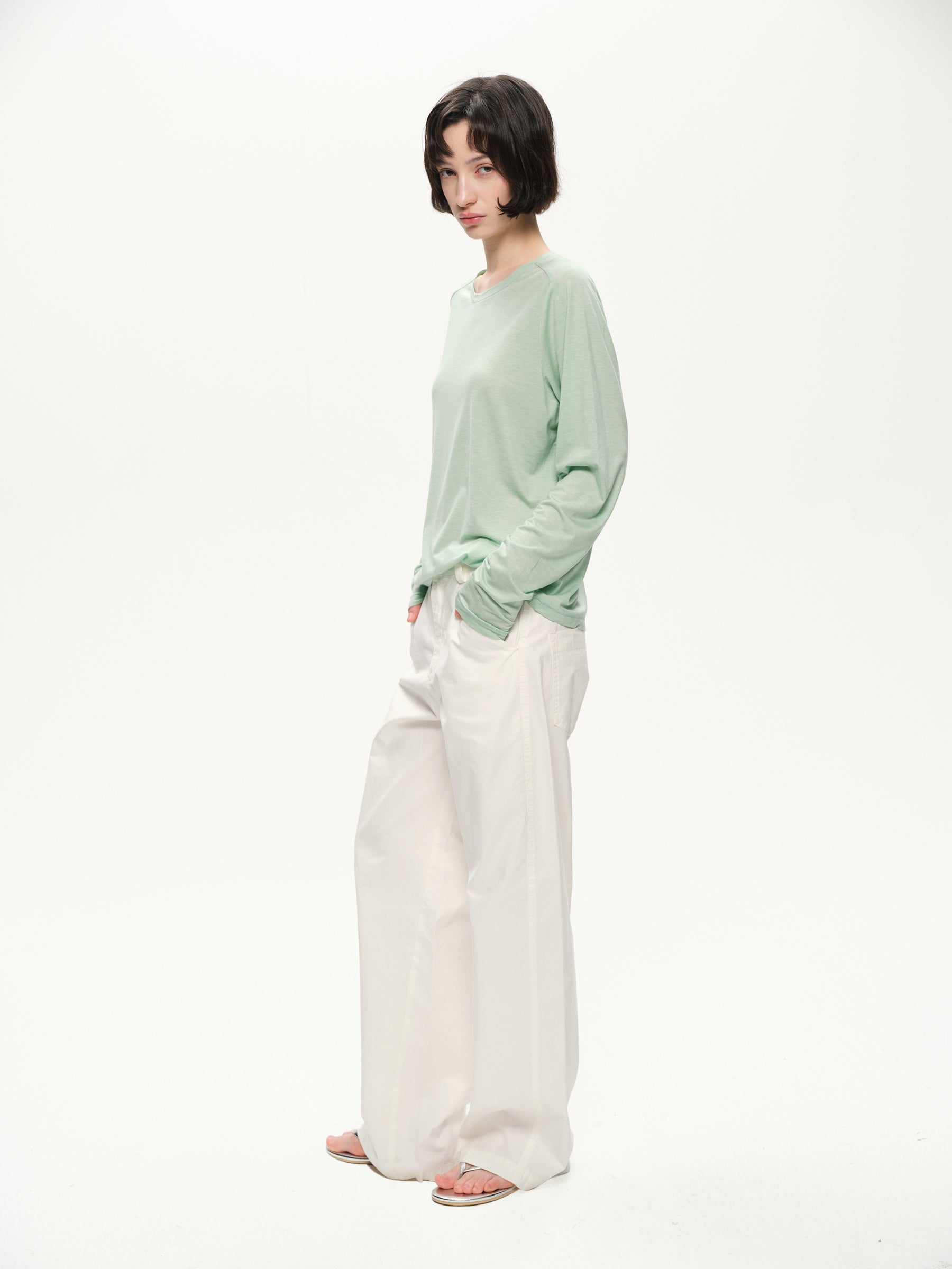 Lyocell wool shoulder cuff design  soft texture T-shirt cyan