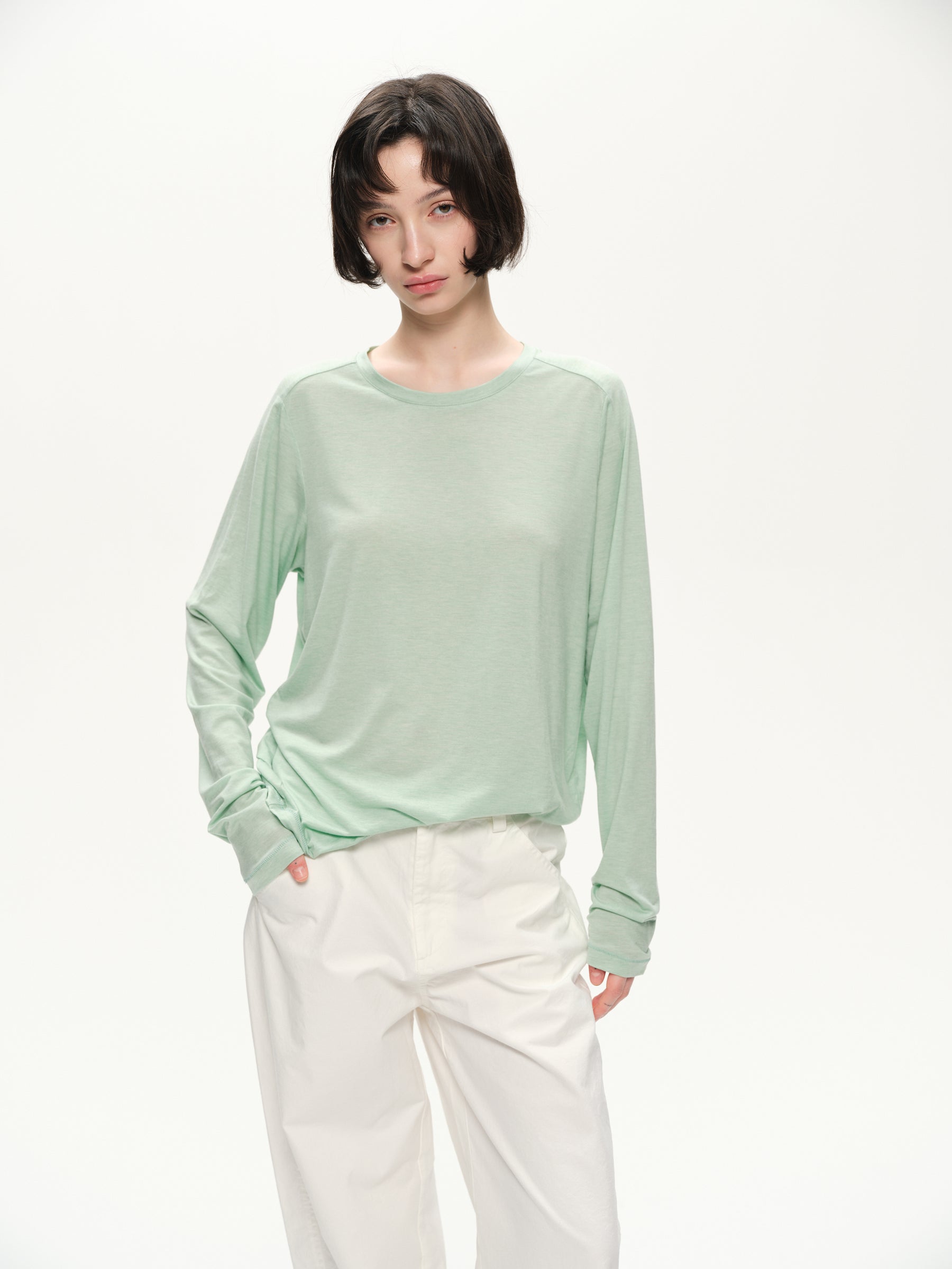 Lyocell wool shoulder cuff design  soft texture T-shirt cyan