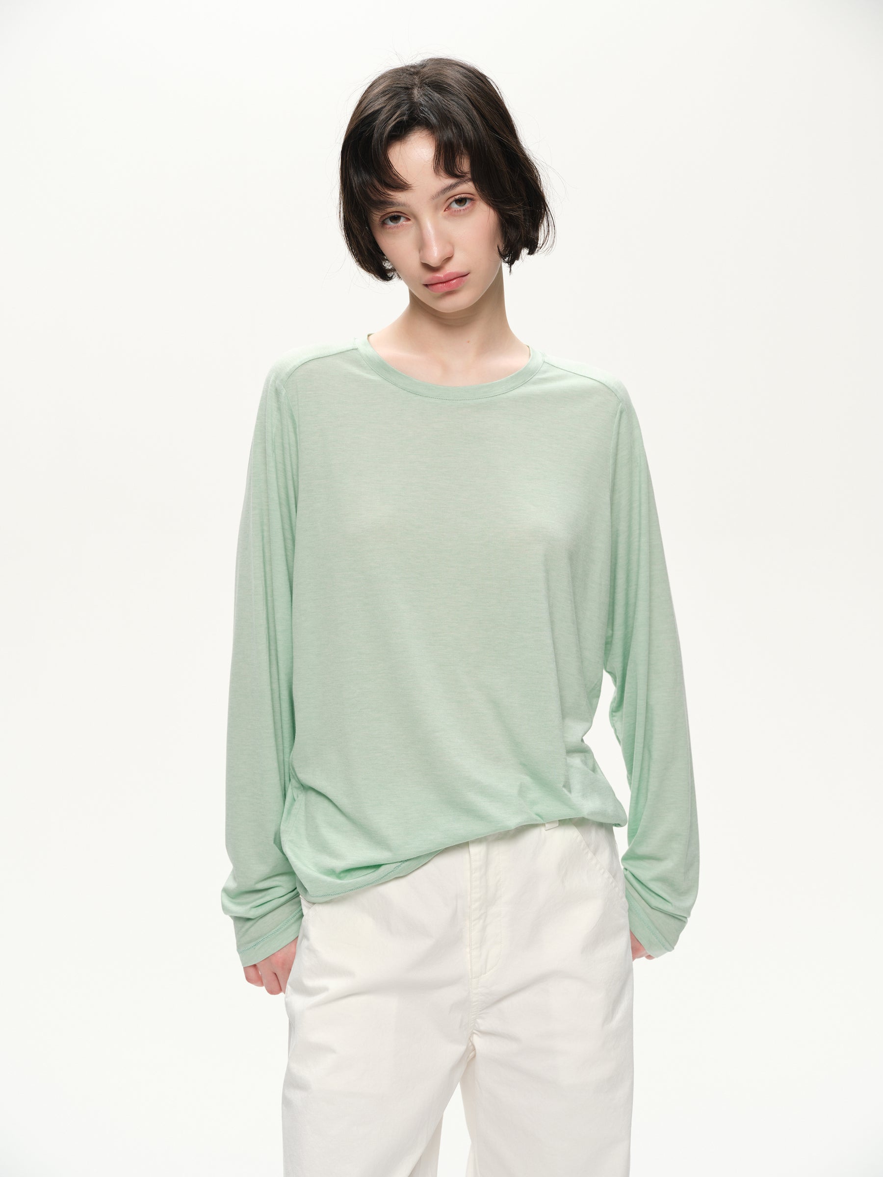 Lyocell wool shoulder cuff design  soft texture T-shirt cyan