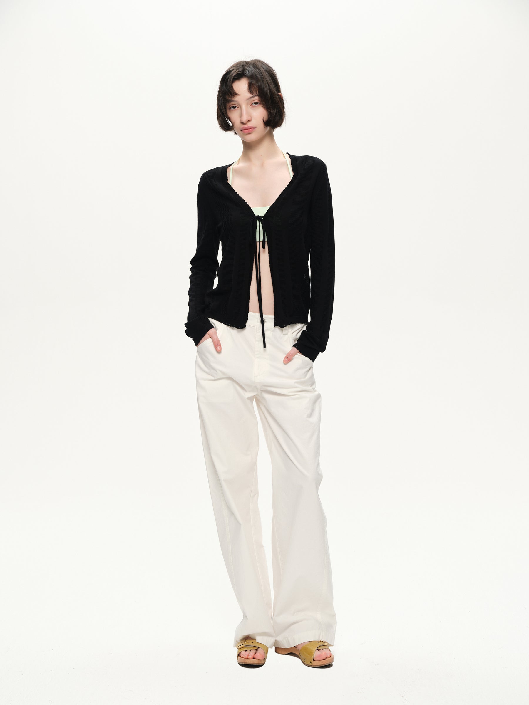 Texture hollow-carved design slim-fit cardigan black