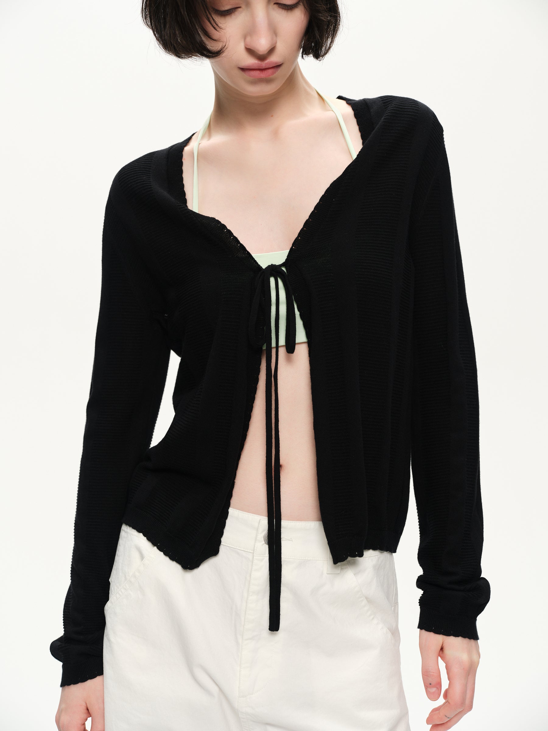 Texture hollow-carved design slim-fit cardigan black