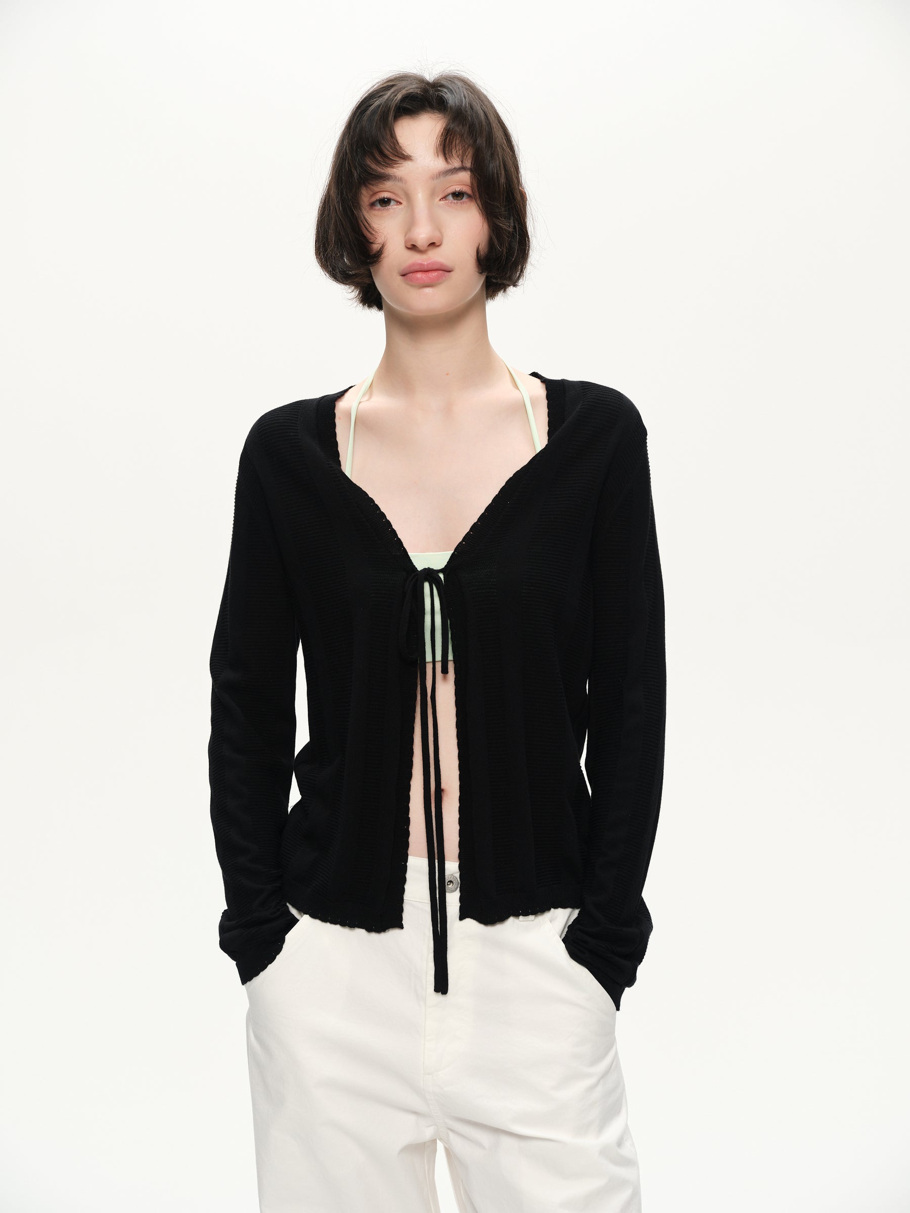 Texture hollow-carved design slim-fit cardigan black