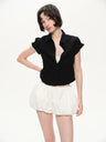 Hidden pattern bubble sleeves fitted short-sleeved shirt black