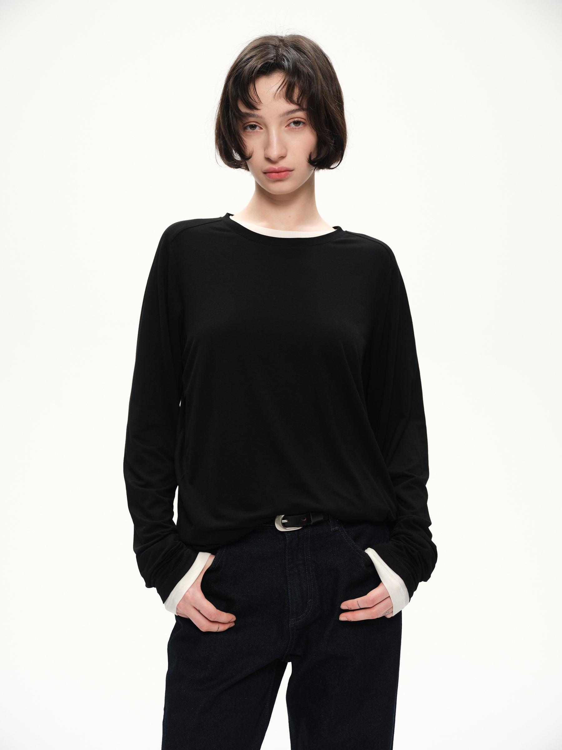 Lyocell wool shoulder cuff design  soft texture T-shirt black